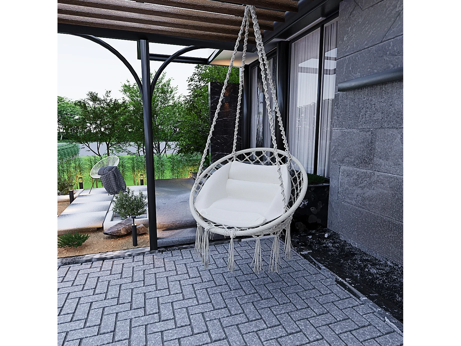 Poltrona Sospesa Pensile Da Giardino Con Corda Cotone Effetto Macramè Struttura In Acciaio Cuscino Sedia Dondolo Amaca Seduta Imbottita Terrazzo Fino A 160 Kg Beige