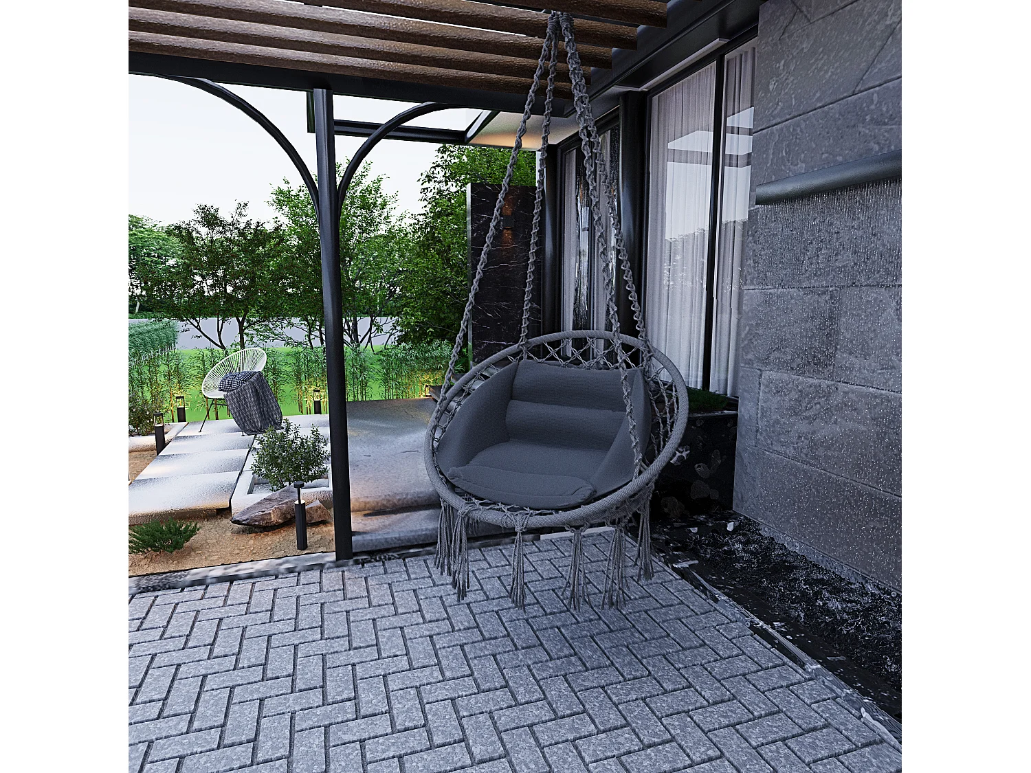 Poltrona Sospesa Pensile Da Giardino Con Corda Cotone Effetto Macramè Struttura In Acciaio Cuscino Sedia Dondolo Amaca Seduta Imbottita Terrazzo Fino 160 Kg Grigio