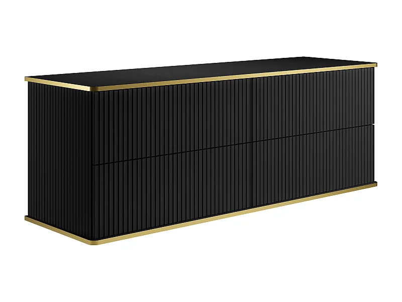 Meuble sous vasque suspendu strié liseré doré 4 tiroirs - Noir - 150 cm - KELIZA