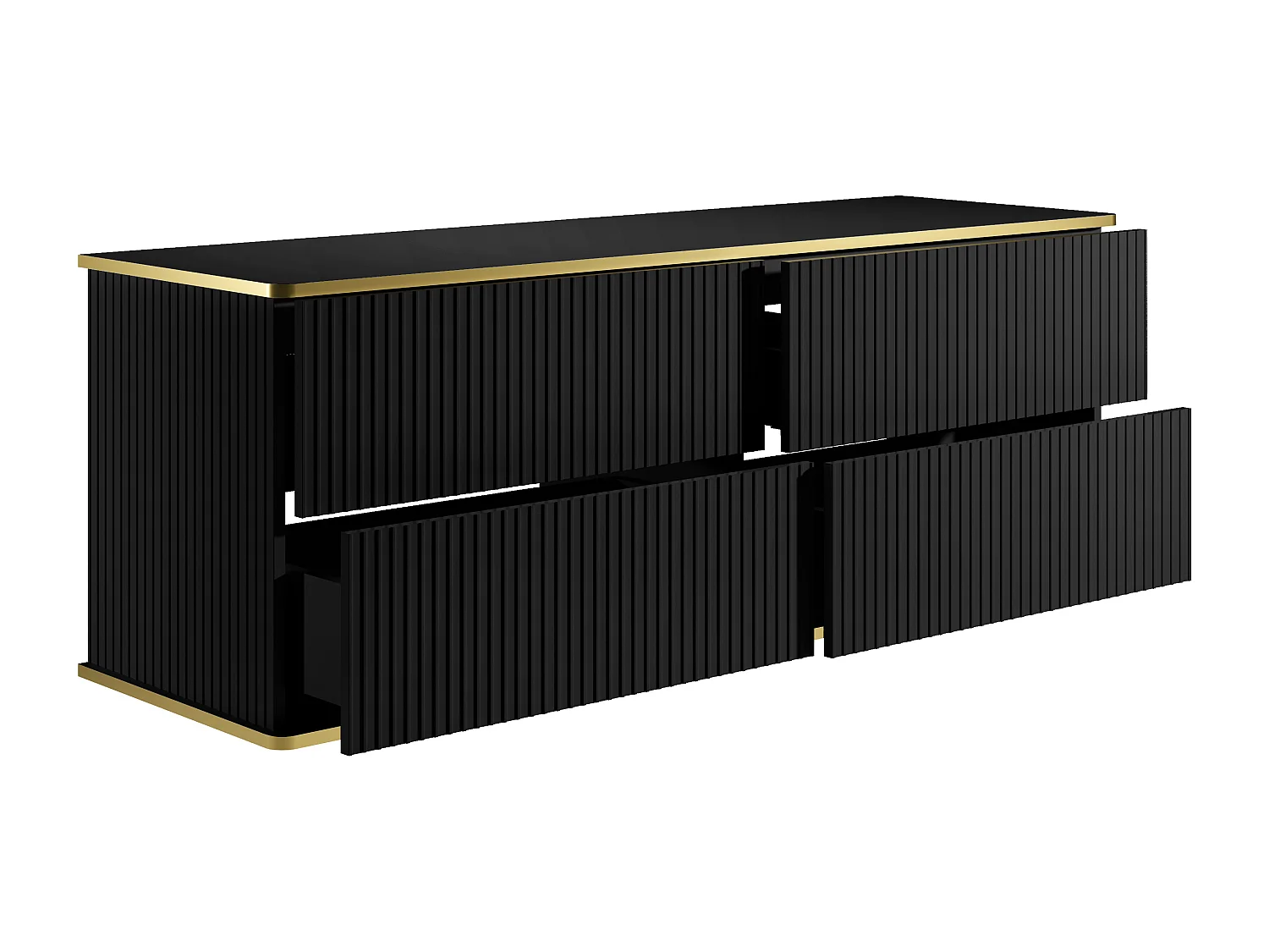 Meuble sous vasque suspendu strié liseré doré 4 tiroirs - Noir - 150 cm - KELIZA