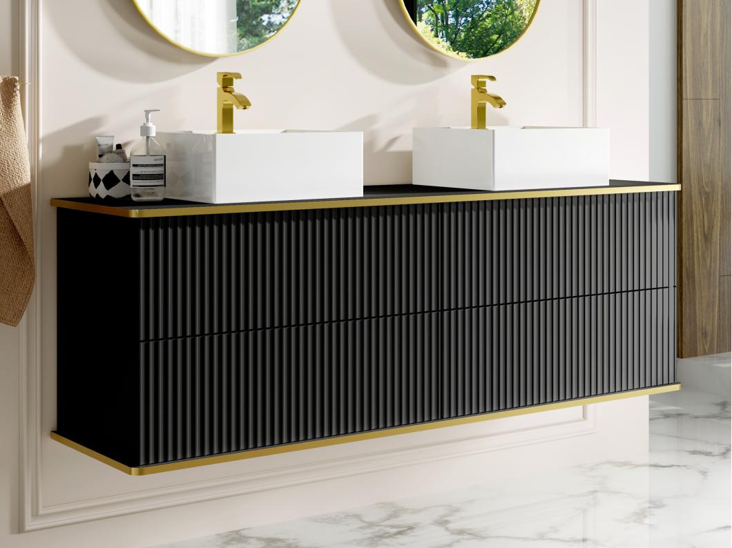 Meuble sous vasque suspendu strié liseré doré - Noir - 150 cm - KELIZA