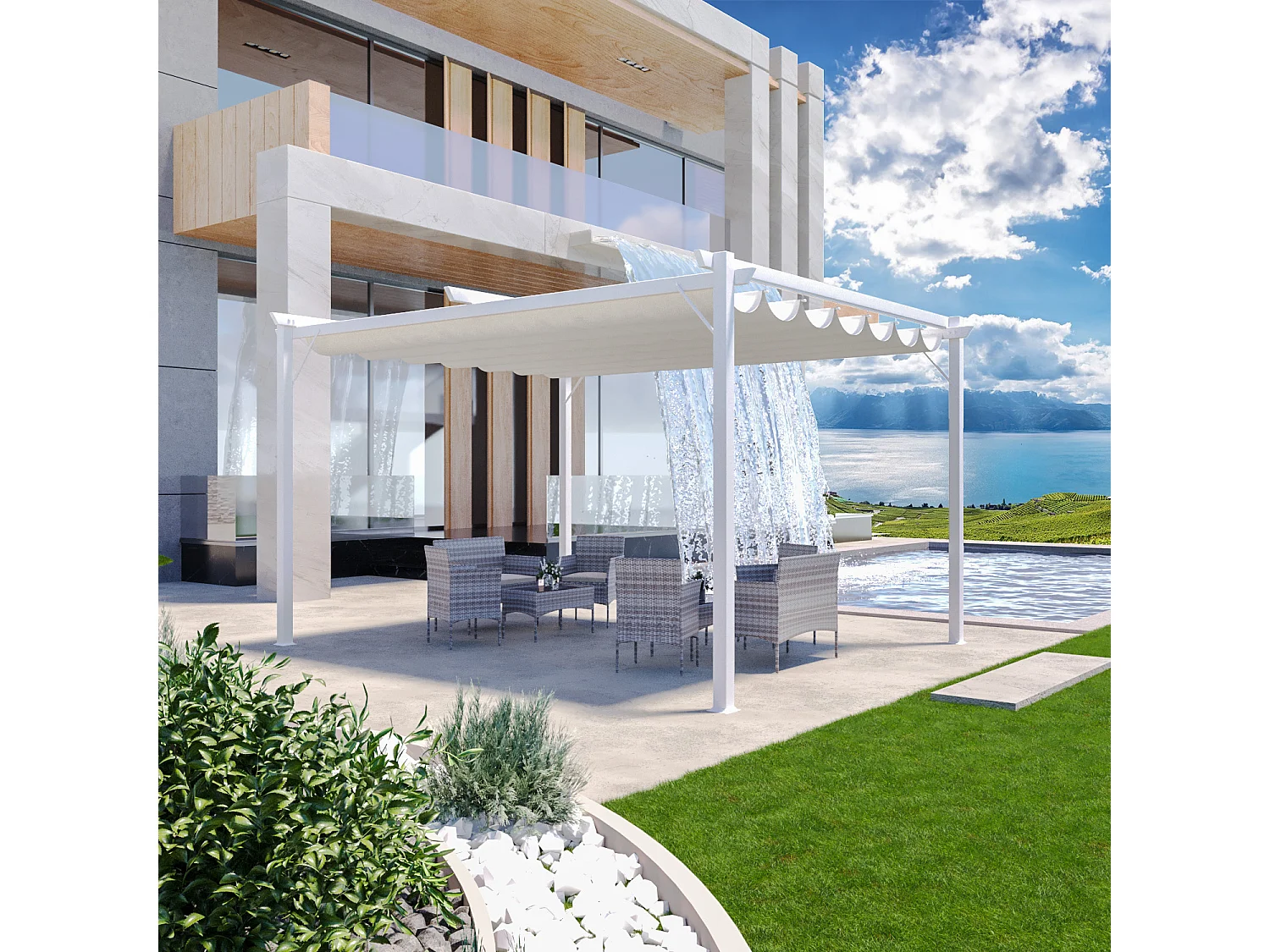 Gazebo Pergola 3x4 M Pergolato Con Telo Bianco Impermeabile Retrattile Richiudibile Struttura In Acciaio Per Giardino Terrazzo Piscina Esterno Fiere