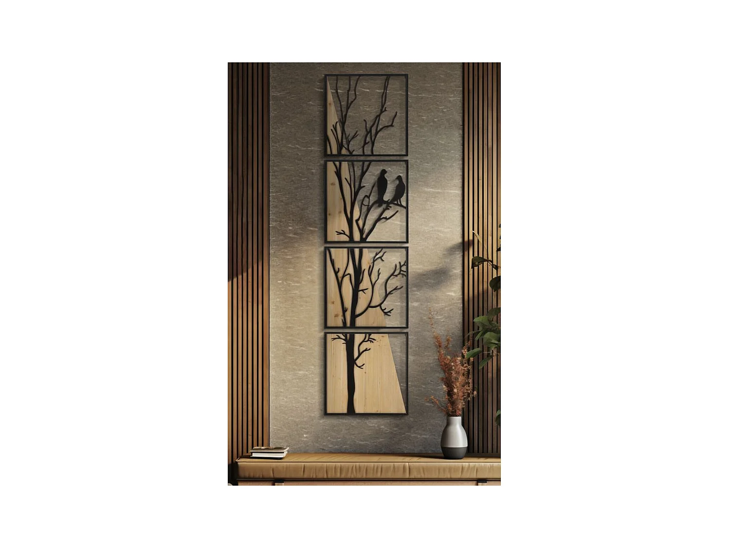 Dekoracja z Metalu i Drewna Drzewo 10, Brązowy, 50x2x200 cm, Epikasa