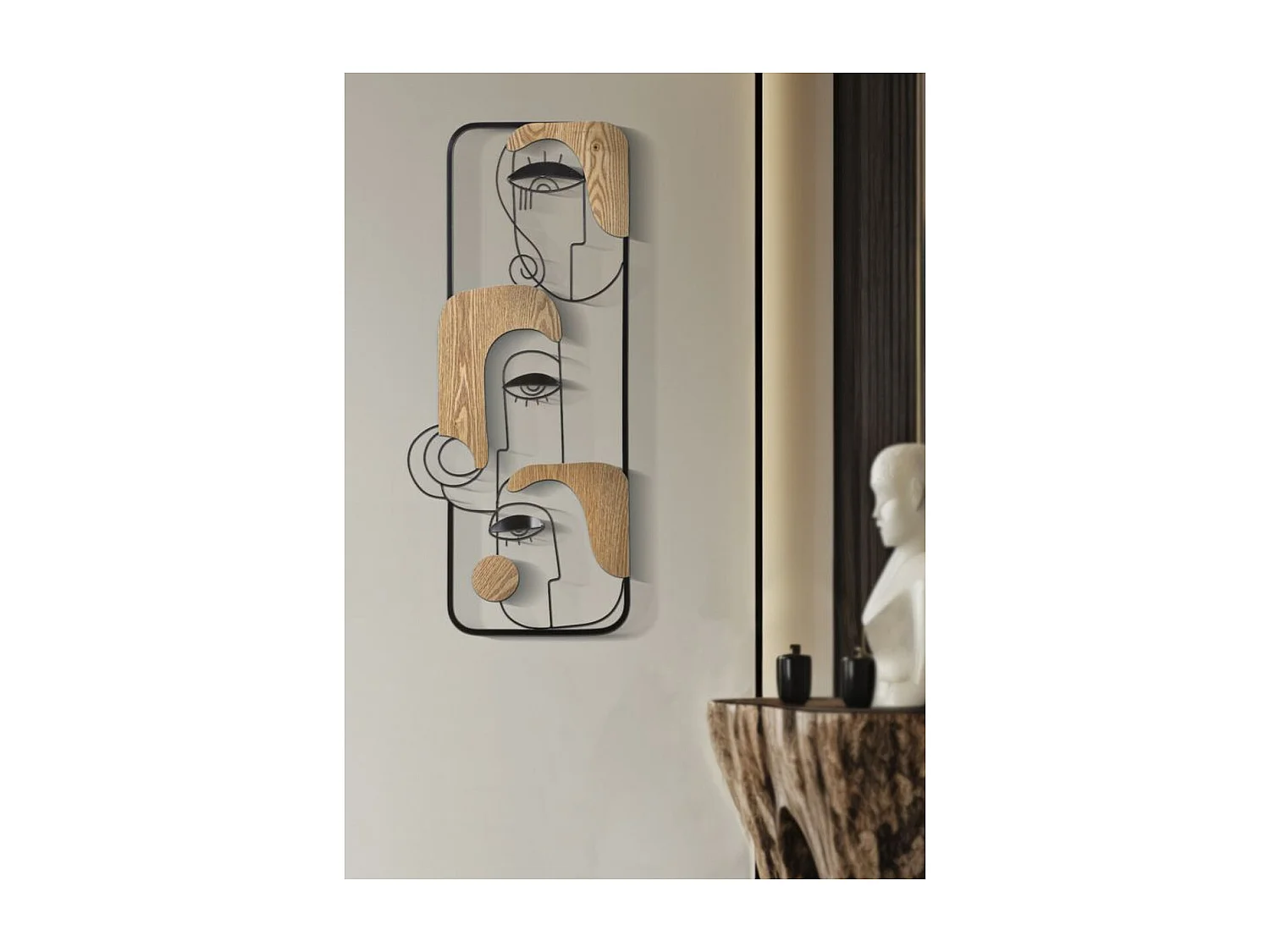 Décoration en Métal et Bois Visages 1, Marron, 38x2x89,5 cm, Seven Design