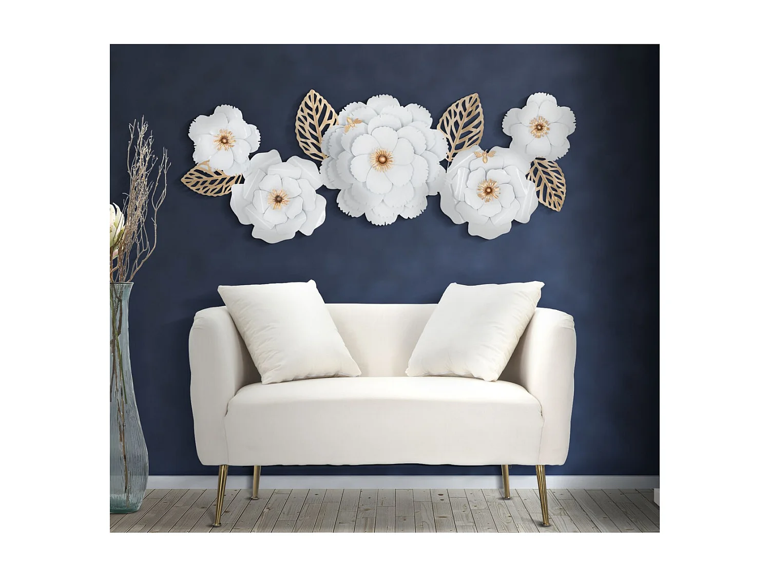 Décoration 3D en Métal Fleurs 2, Blanc, 158x9x60 cm, Epikasa