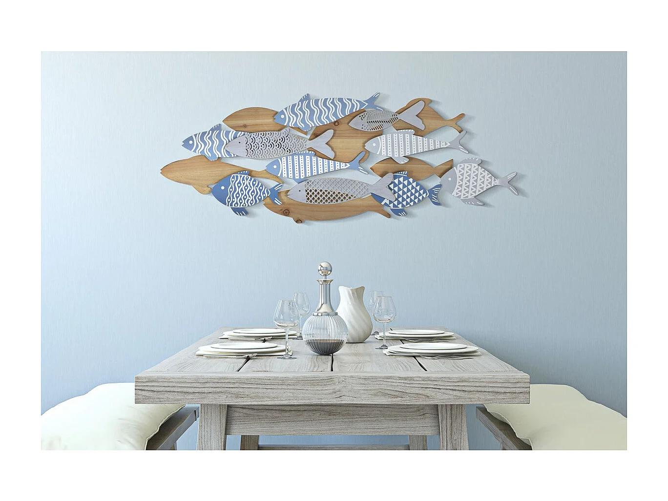 Décoration en Métal et Bois Poisson 10, Multicouleur, 91x3x33,5 cm, Seven Design