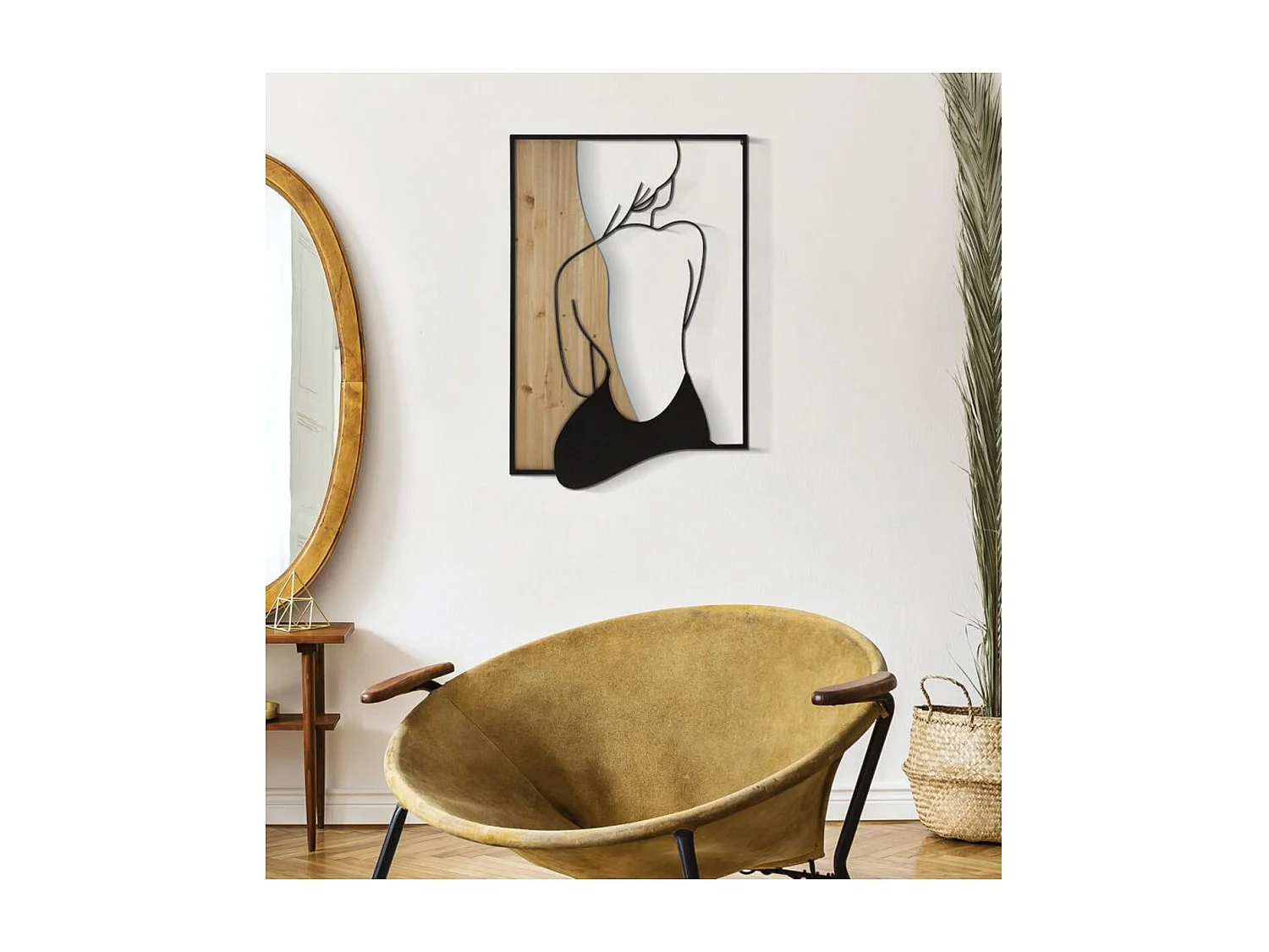 Dekoracja z Metalu i Drewna Kobieta, Brązowy, 60x2x90 cm, Seven Design