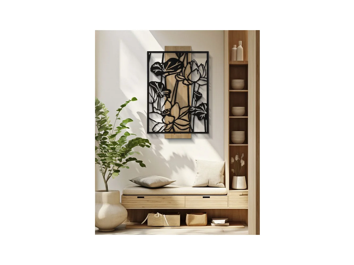 Decoração em Metal e Madeira Flores 55, Castanho, 60x2x90 cm, Epikasa