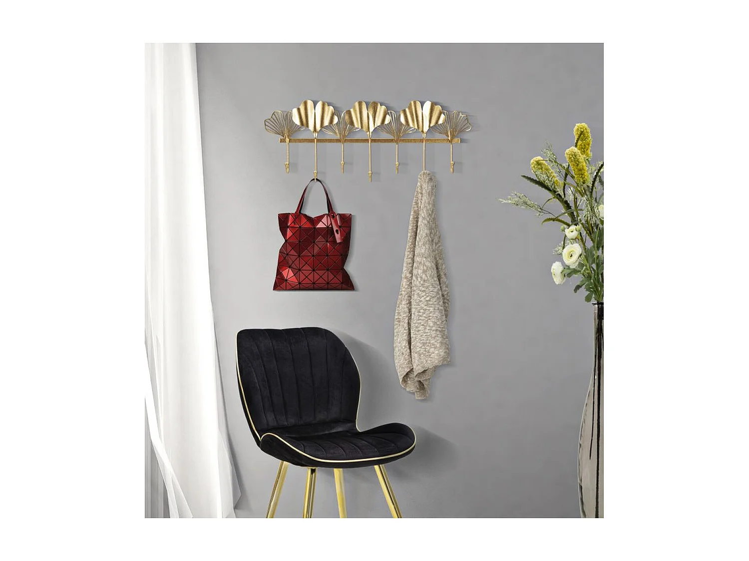 Porte-Manteau Murale Feuille 8, Or, 66,2x6x26,3 cm, Seven Design