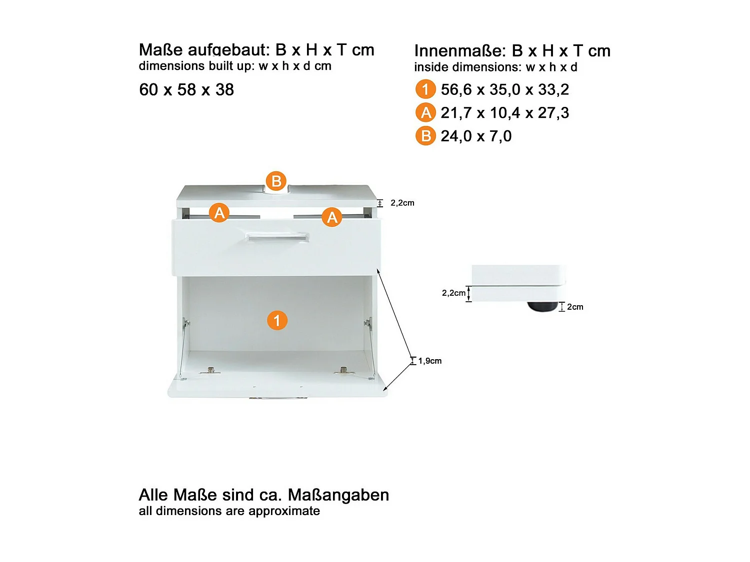 Mobile Sotto Lavabo Monte, Bianco, 60x58x38 cm, EPIKASA