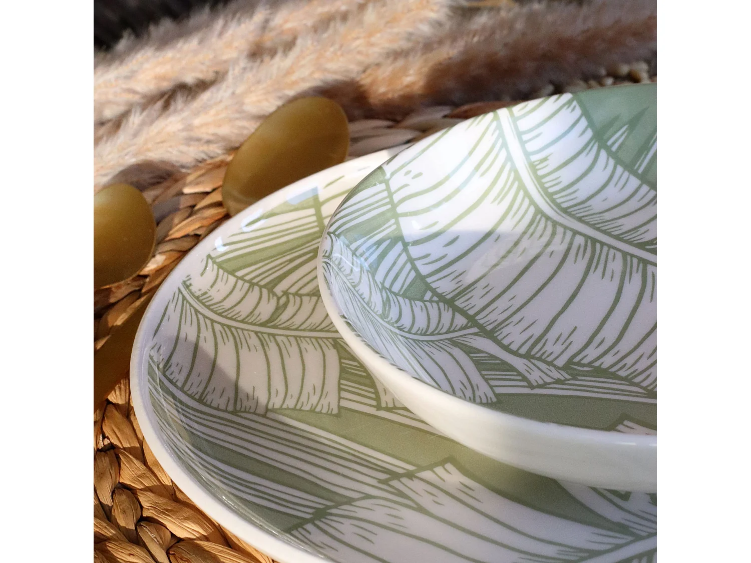 Novastyl - Lot 6 Assiettes Creuses Leaves 20.5cm En Gres Vert