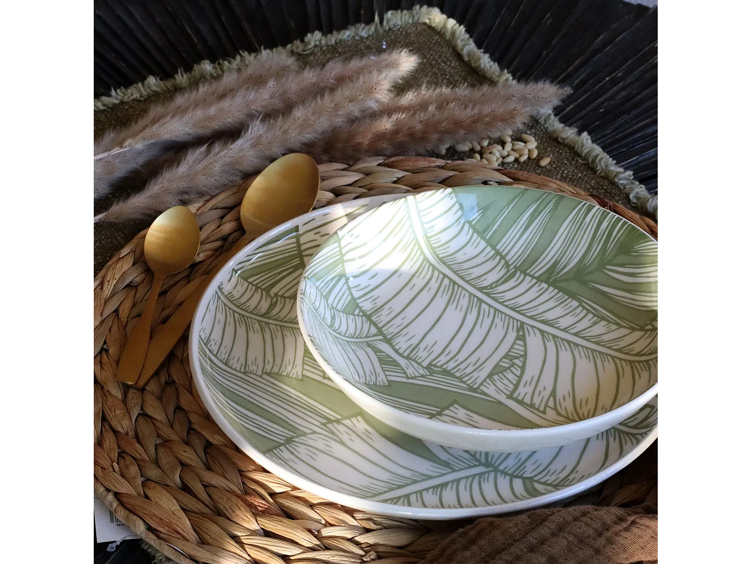 Novastyl - Lot 6 Assiettes Creuses Leaves 20.5cm En Gres Vert