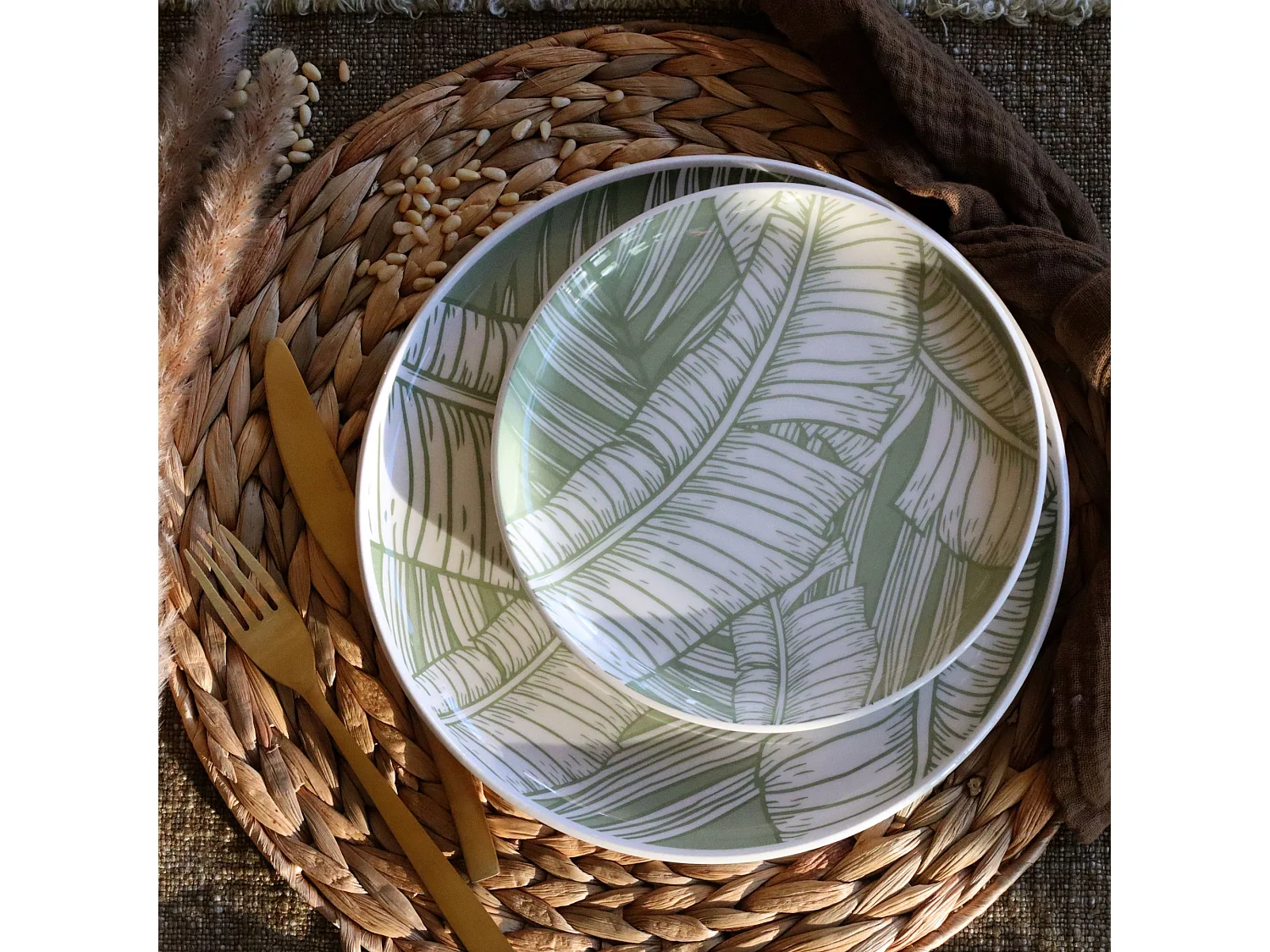 Novastyl - Lot 6 Assiettes Dessert Leaves 20cm En Gres Vert