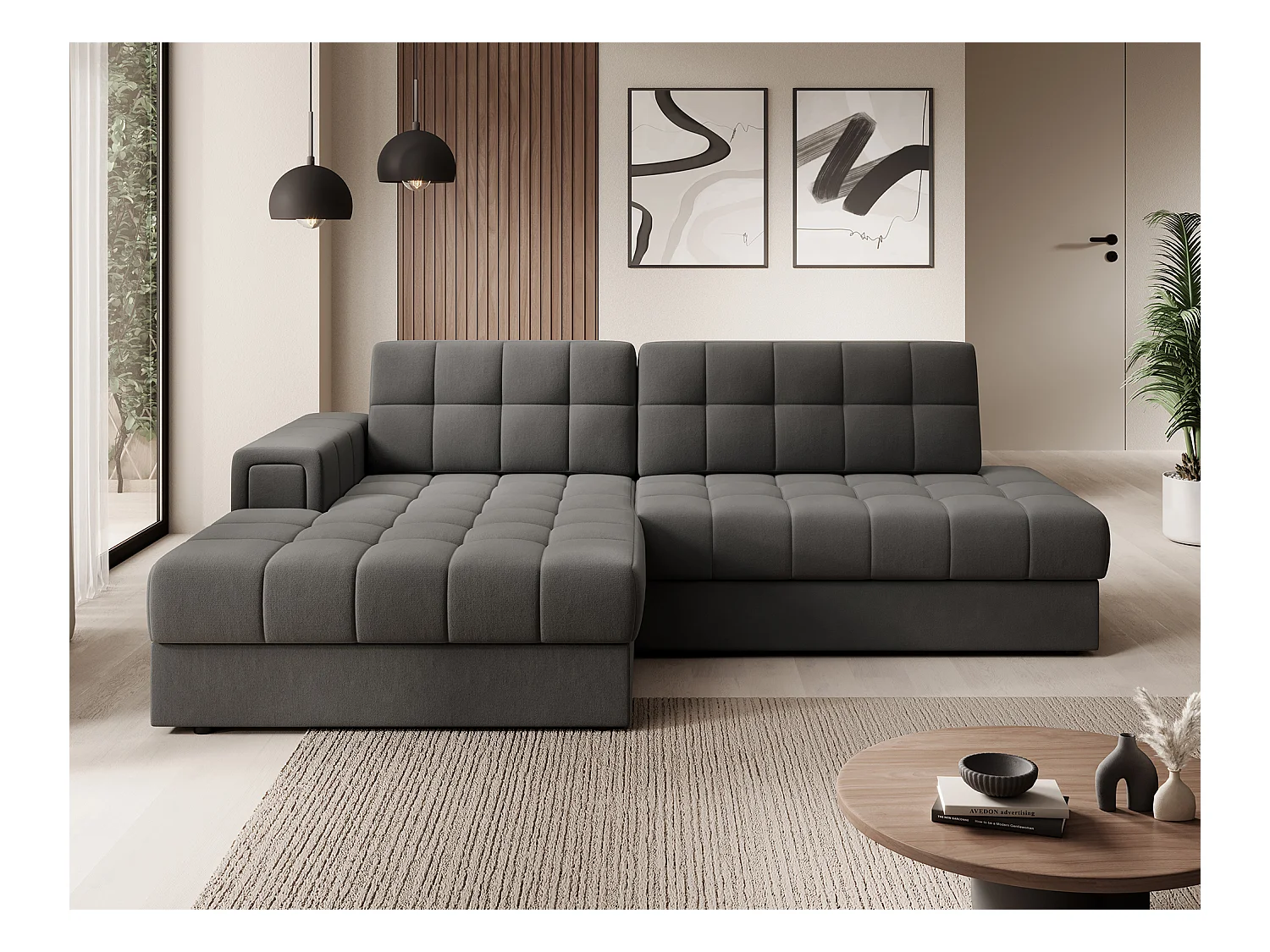 Canapé d'angle KELLY velours - Rangement et convertible-Gris-Méridienne A gauche