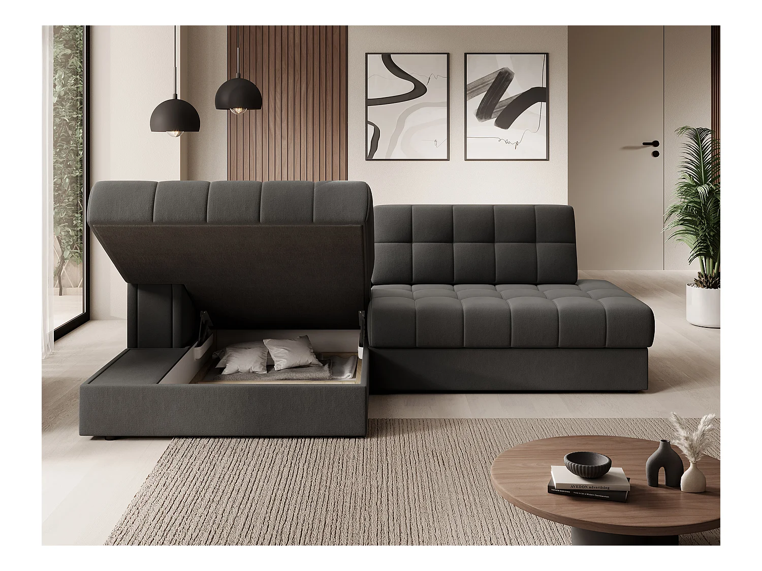 Canapé d'angle KELLY velours - Rangement et convertible-Gris-Méridienne A gauche