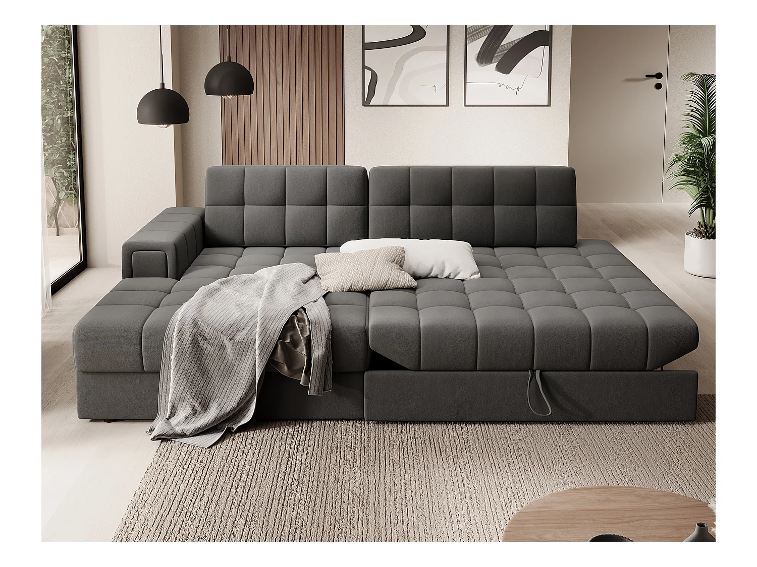 Canapé d'angle KELLY velours - Rangement et convertible-Gris-Méridienne A gauche