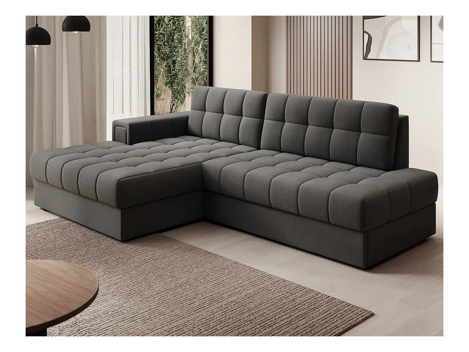 Canapé d'angle KELLY velours - Rangement et convertible-Gris-Méridienne A gauche