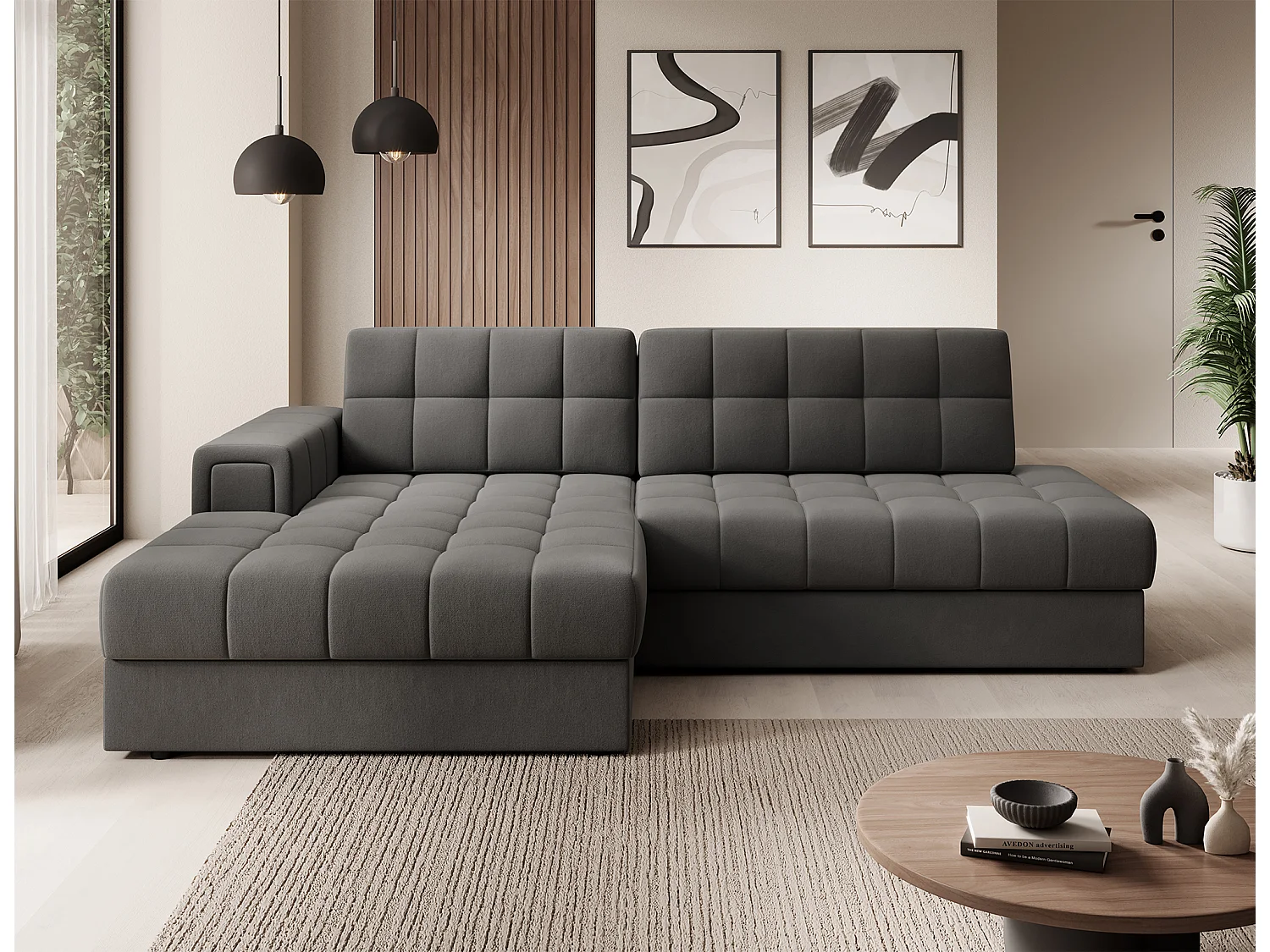 Canapé d'angle KELLY velours - Rangement et convertible-Gris-Méridienne A gauche