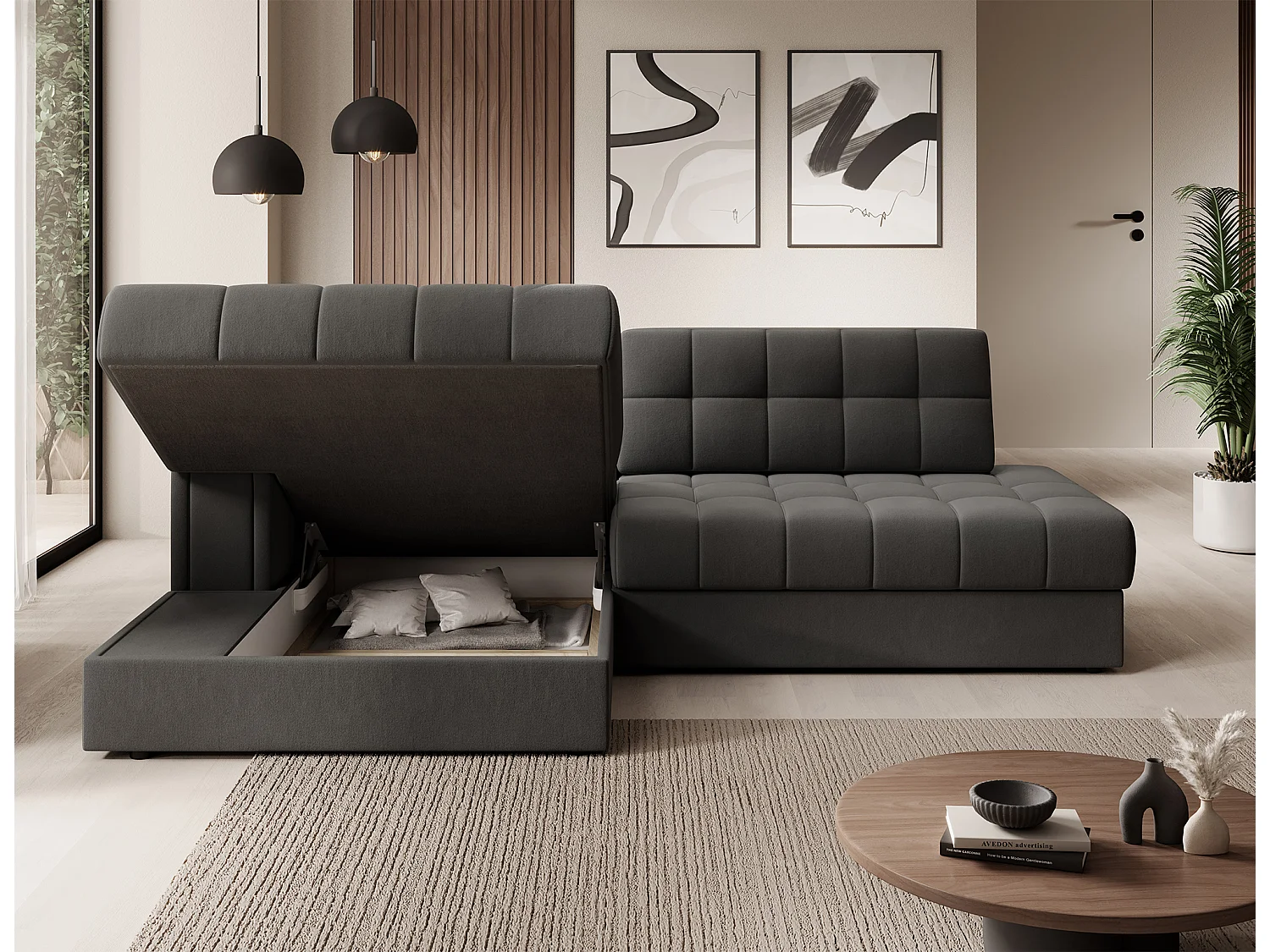 Canapé d'angle KELLY velours - Rangement et convertible-Gris-Méridienne A gauche