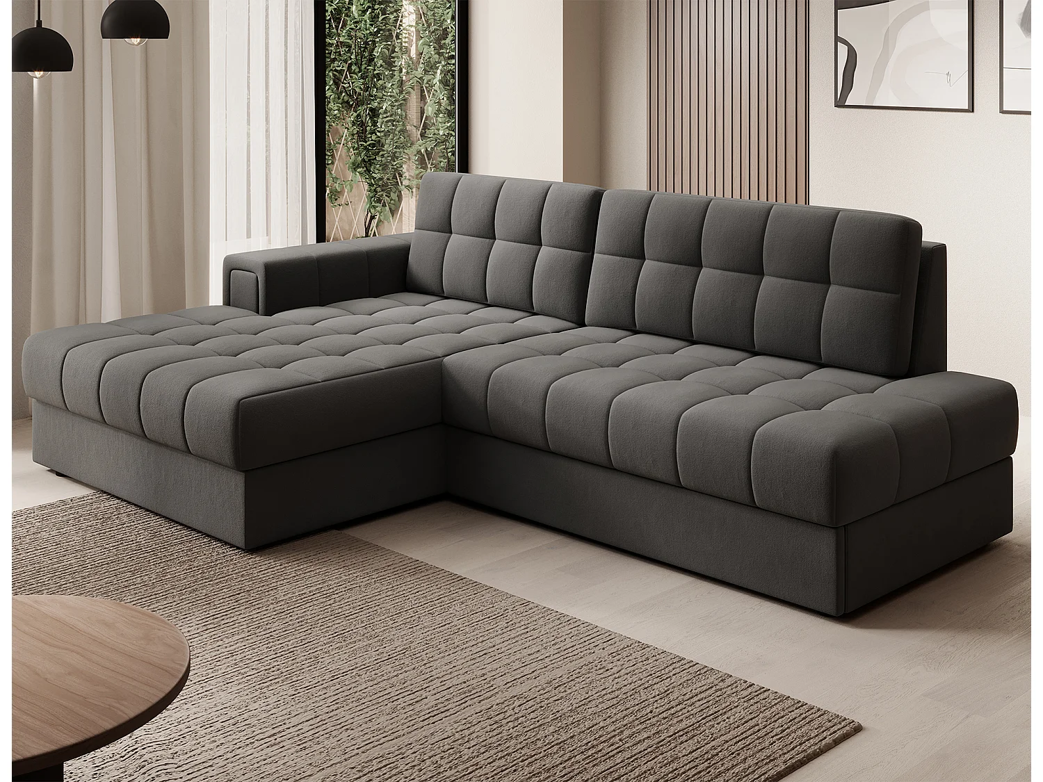 Canapé d'angle KELLY velours - Rangement et convertible-Gris-Méridienne A gauche