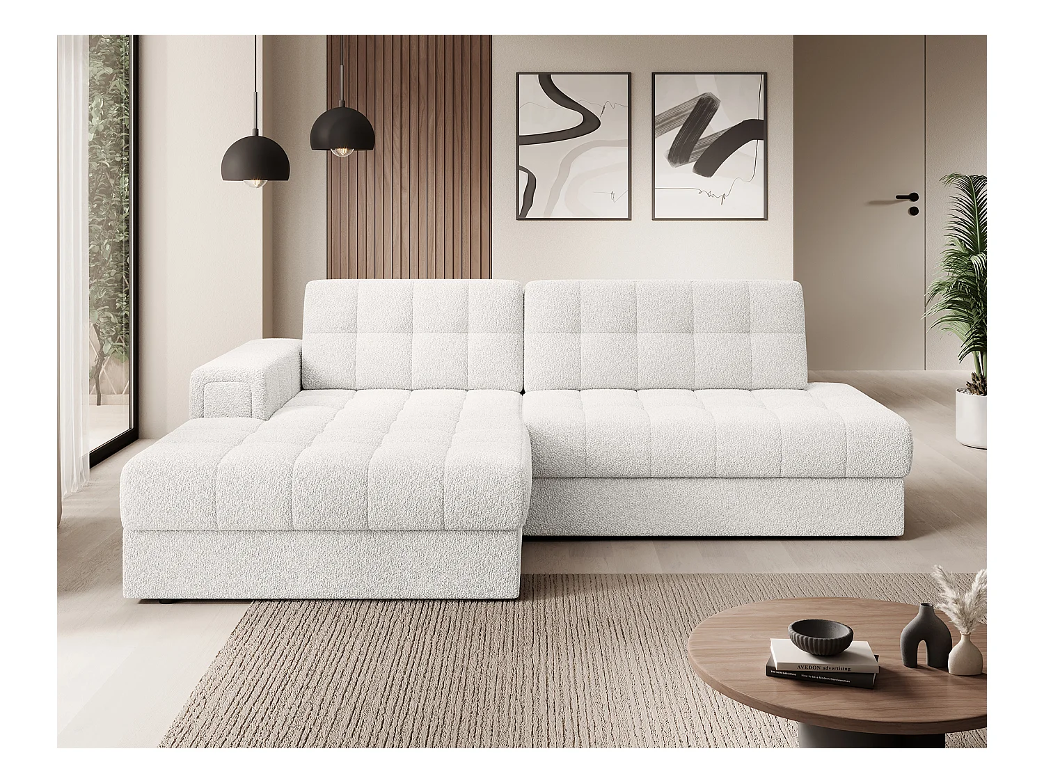 Canapé d'angle KELLY tissu bouclette - Rangement et convertible-Blanc-Méridienne A gauche