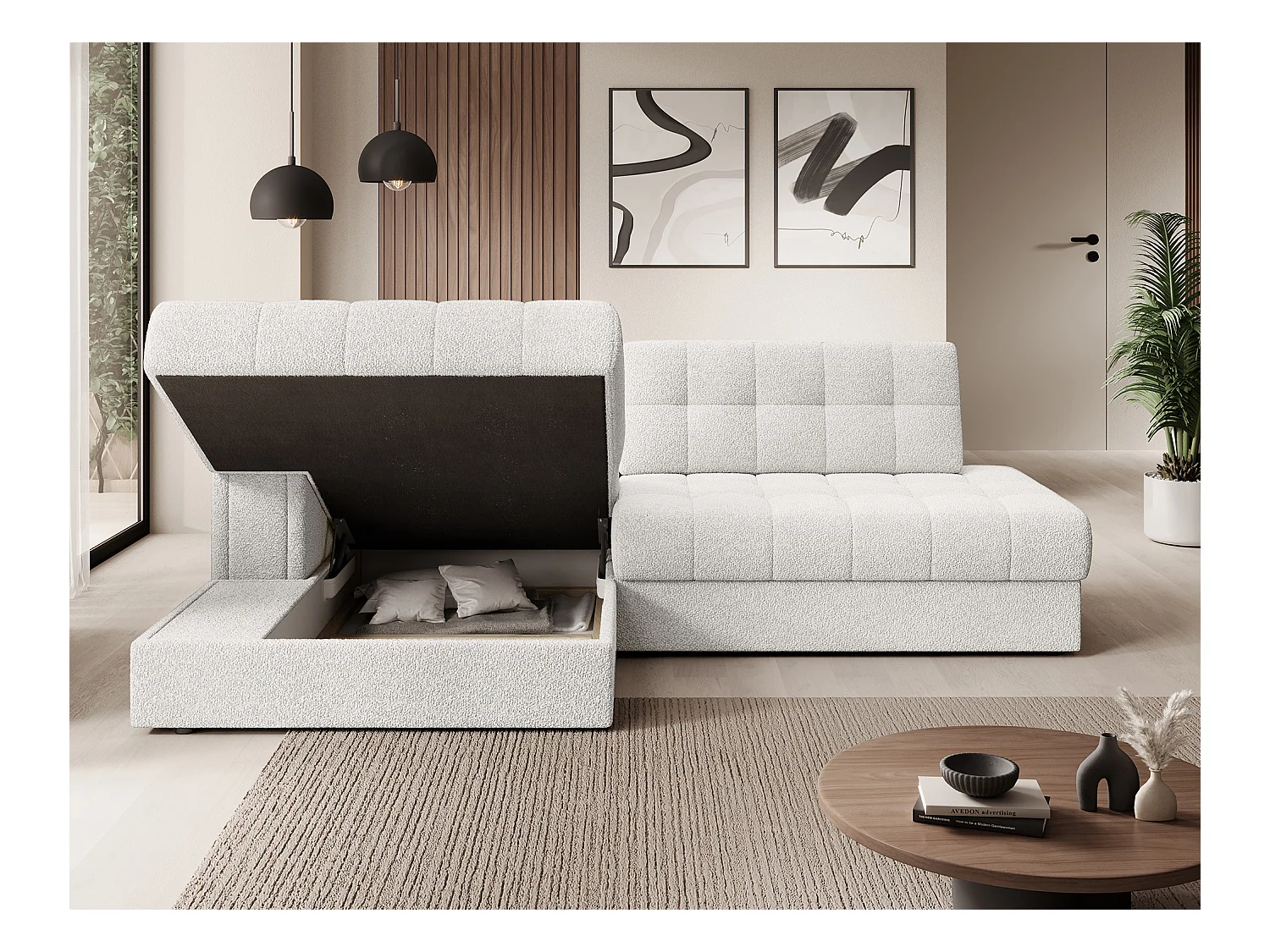 Canapé d'angle KELLY tissu bouclette - Rangement et convertible-Blanc-Méridienne A gauche