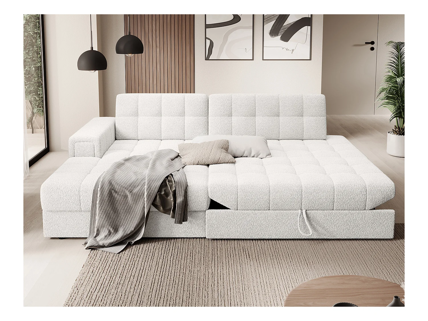 Canapé d'angle KELLY tissu bouclette - Rangement et convertible-Blanc-Méridienne A gauche