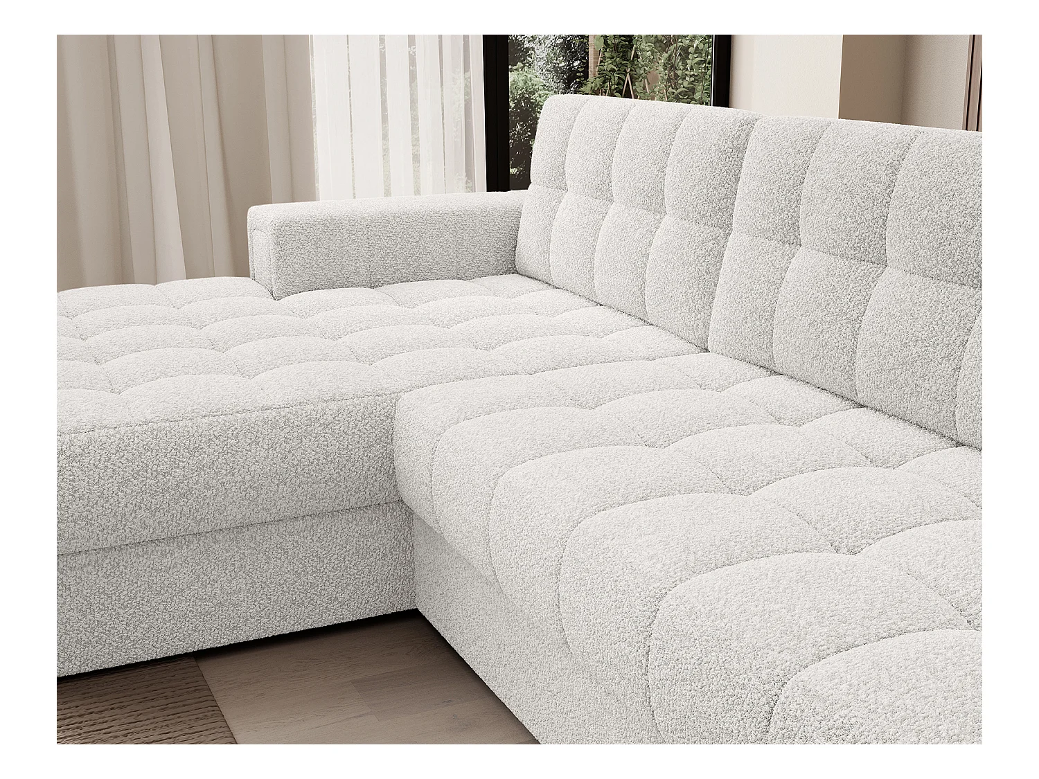 Canapé d'angle KELLY tissu bouclette - Rangement et convertible-Blanc-Méridienne A gauche