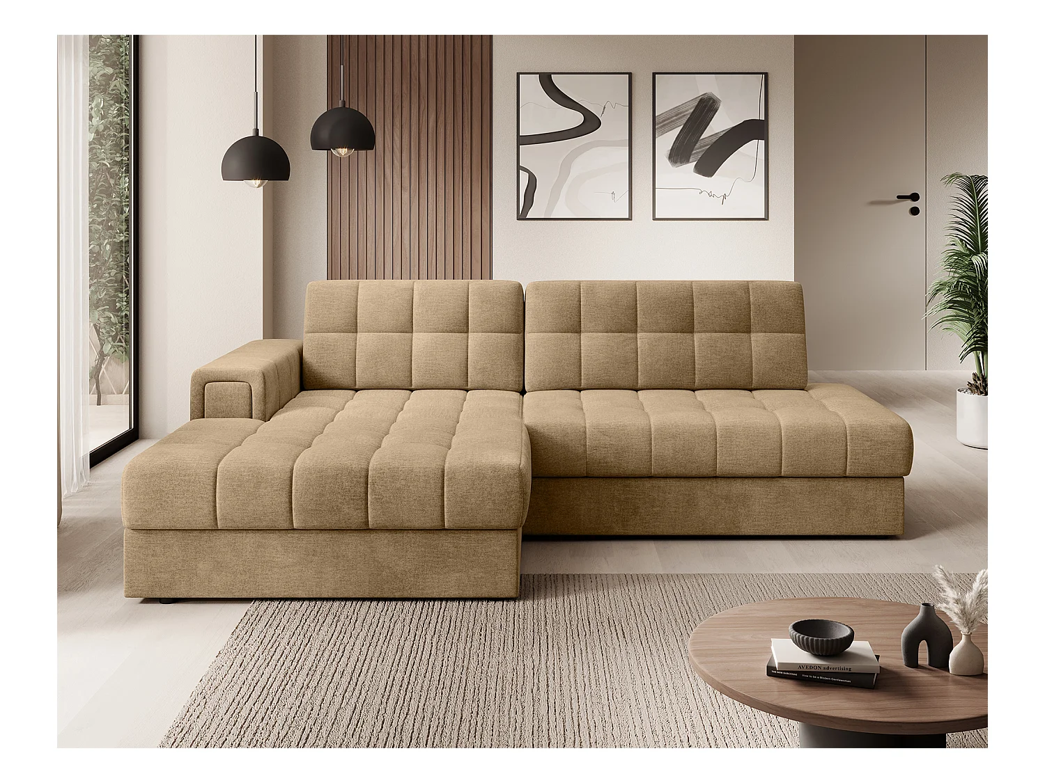 Canapé d'angle KELLY velours - Rangement et convertible-Beige foncé-Méridienne A gauche