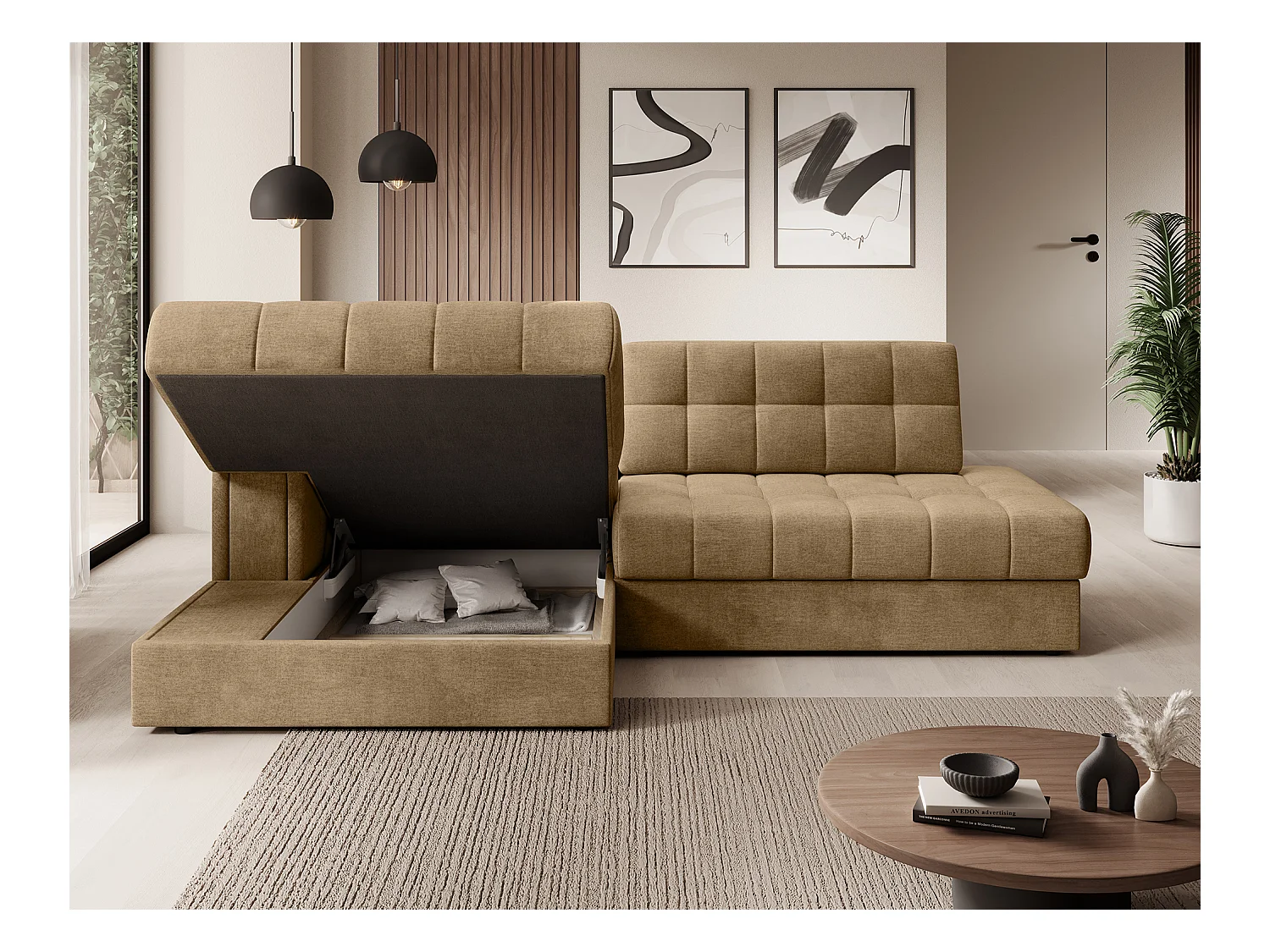 Canapé d'angle KELLY velours - Rangement et convertible-Beige foncé-Méridienne A gauche