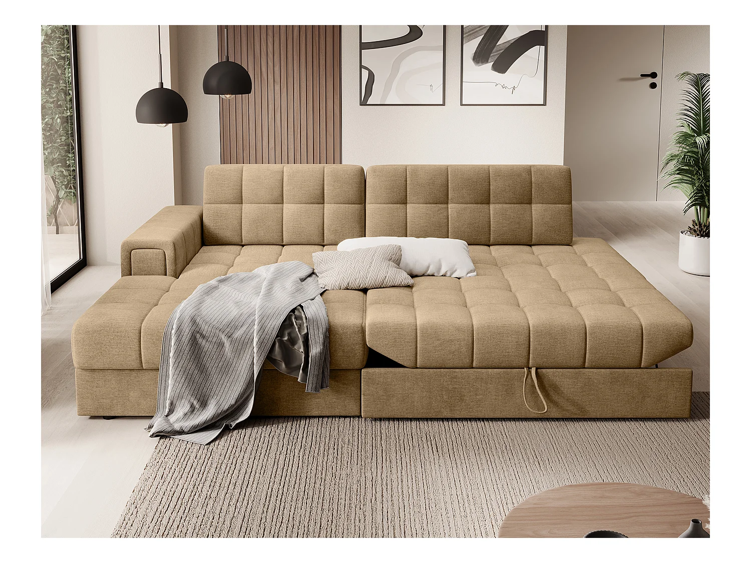 Canapé d'angle KELLY velours - Rangement et convertible-Beige foncé-Méridienne A gauche