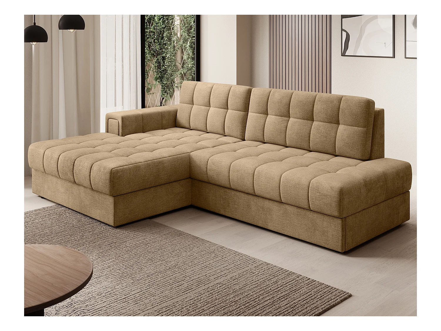 Canapé d'angle KELLY velours - Rangement et convertible-Beige foncé-Méridienne A gauche