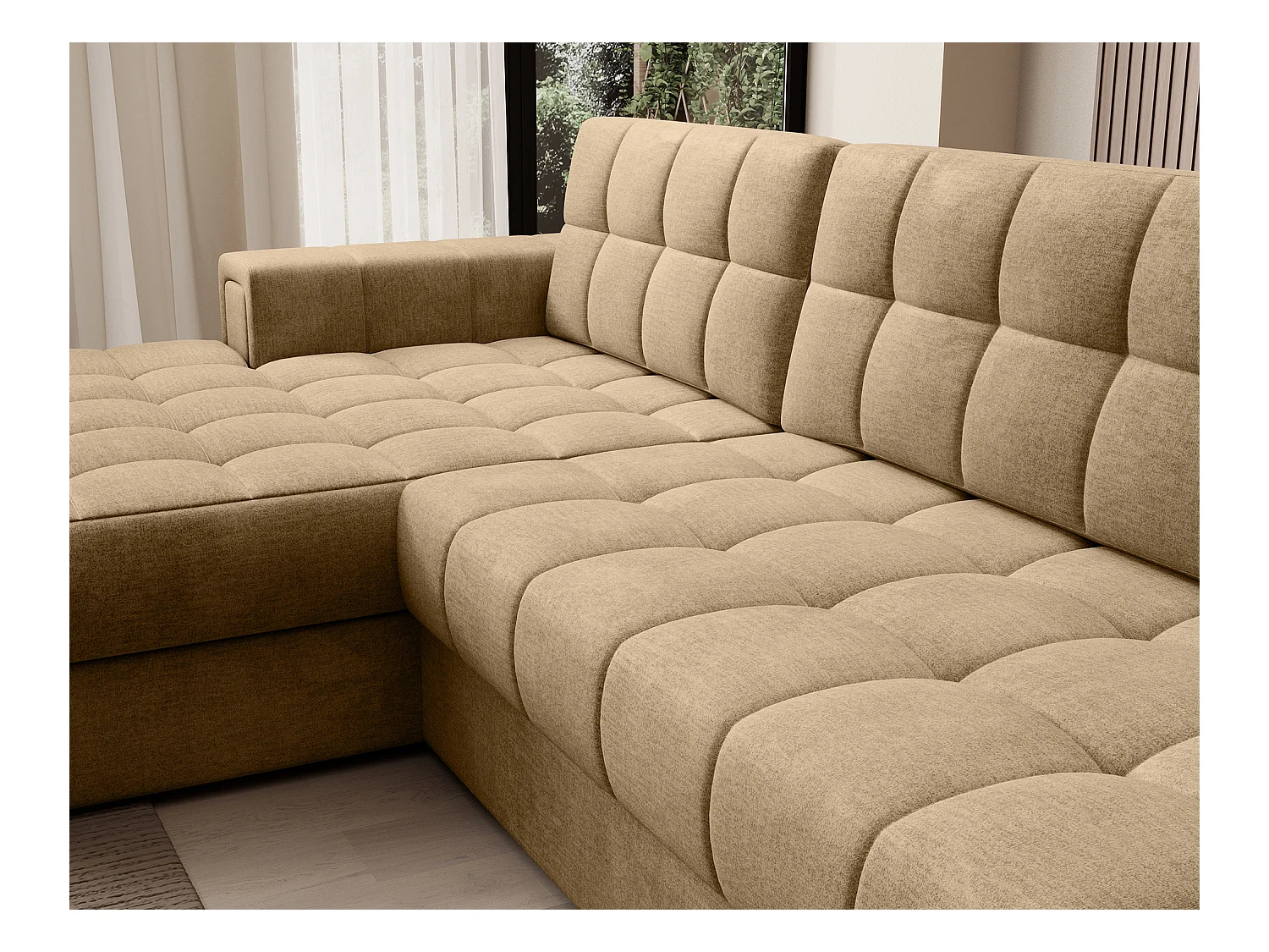 Canapé d'angle KELLY velours - Rangement et convertible-Beige foncé-Méridienne A gauche