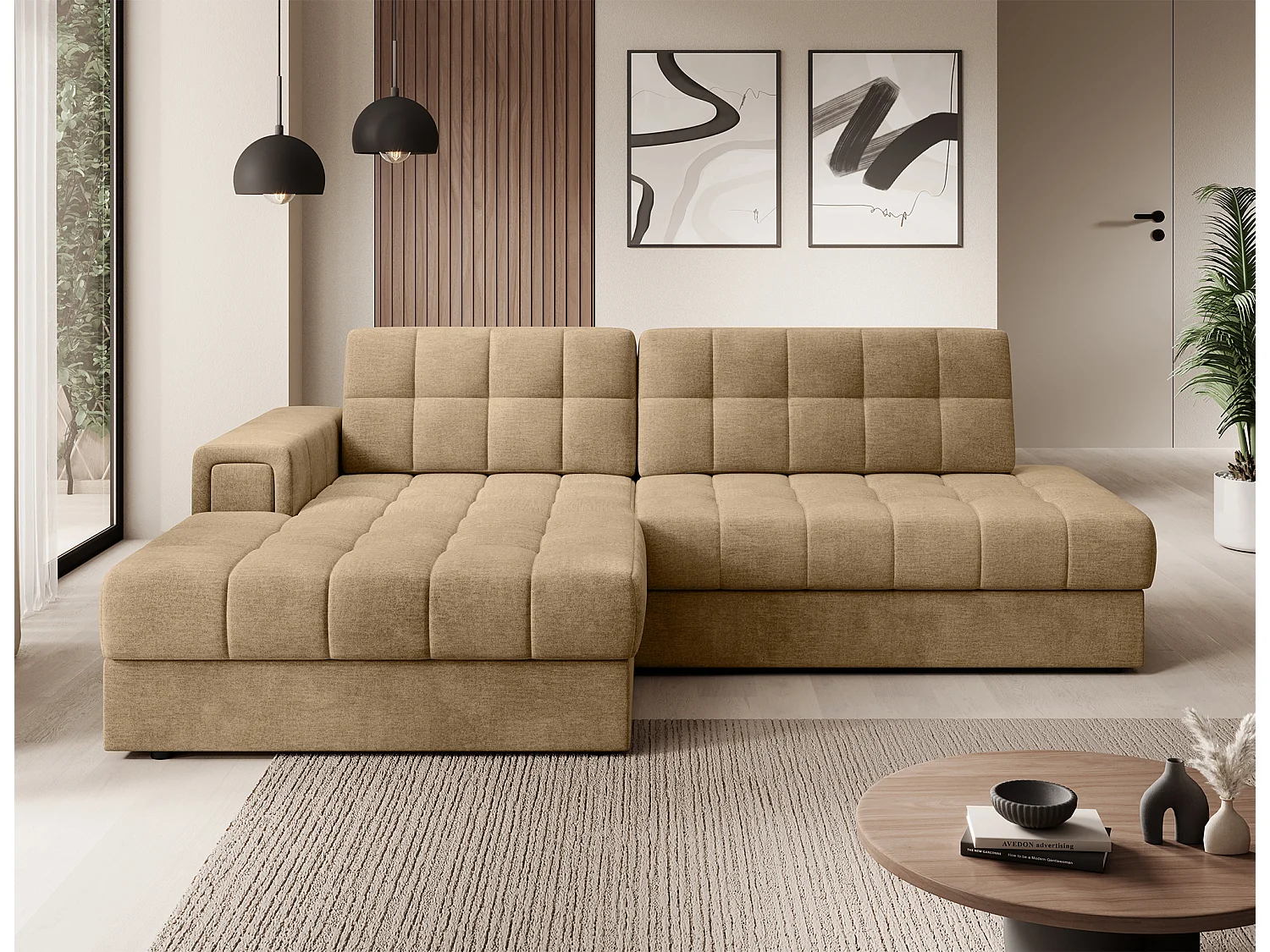 Canapé d'angle KELLY velours - Rangement et convertible-Beige foncé-Méridienne A gauche