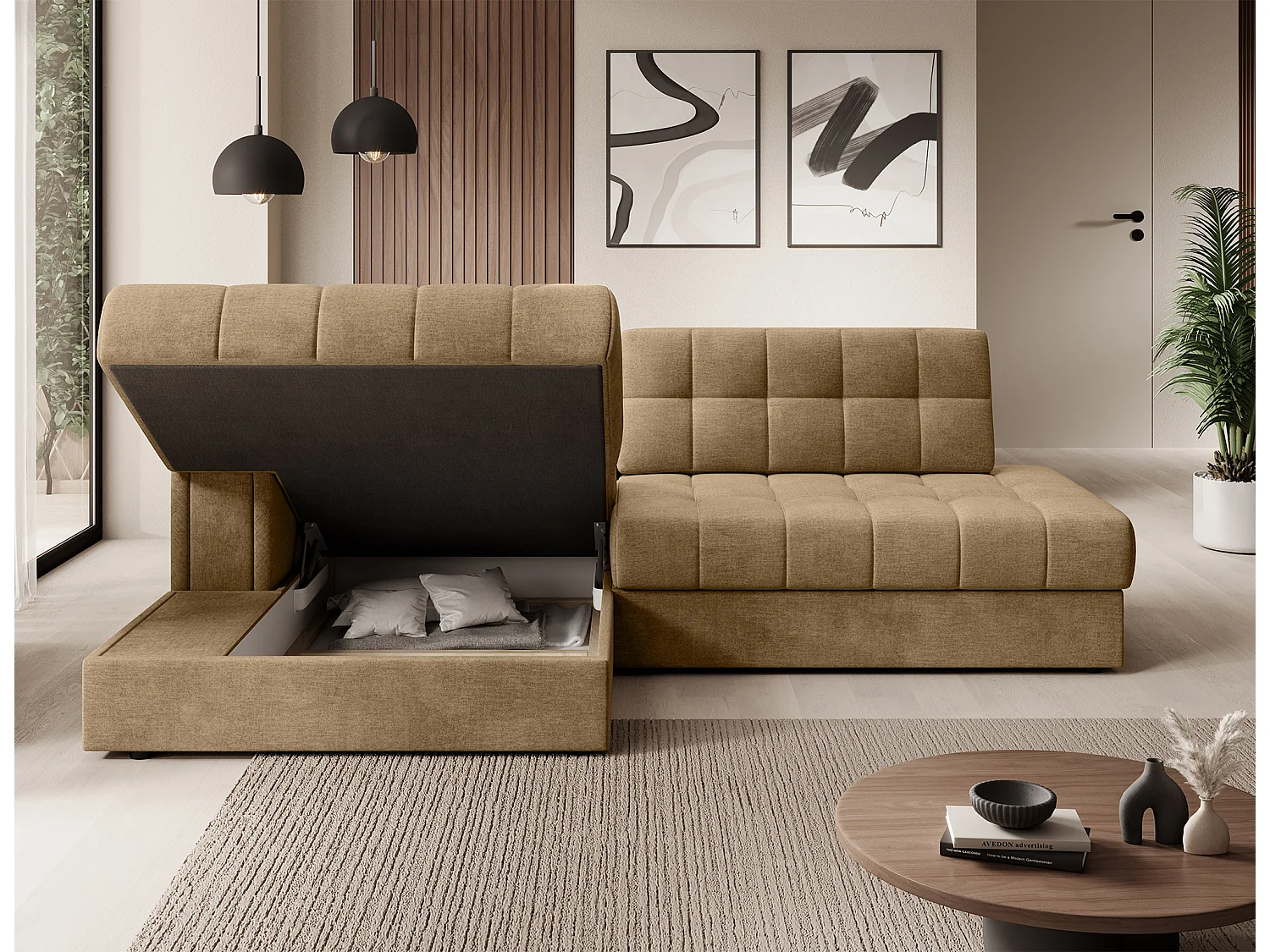 Canapé d'angle KELLY velours - Rangement et convertible-Beige foncé-Méridienne A gauche