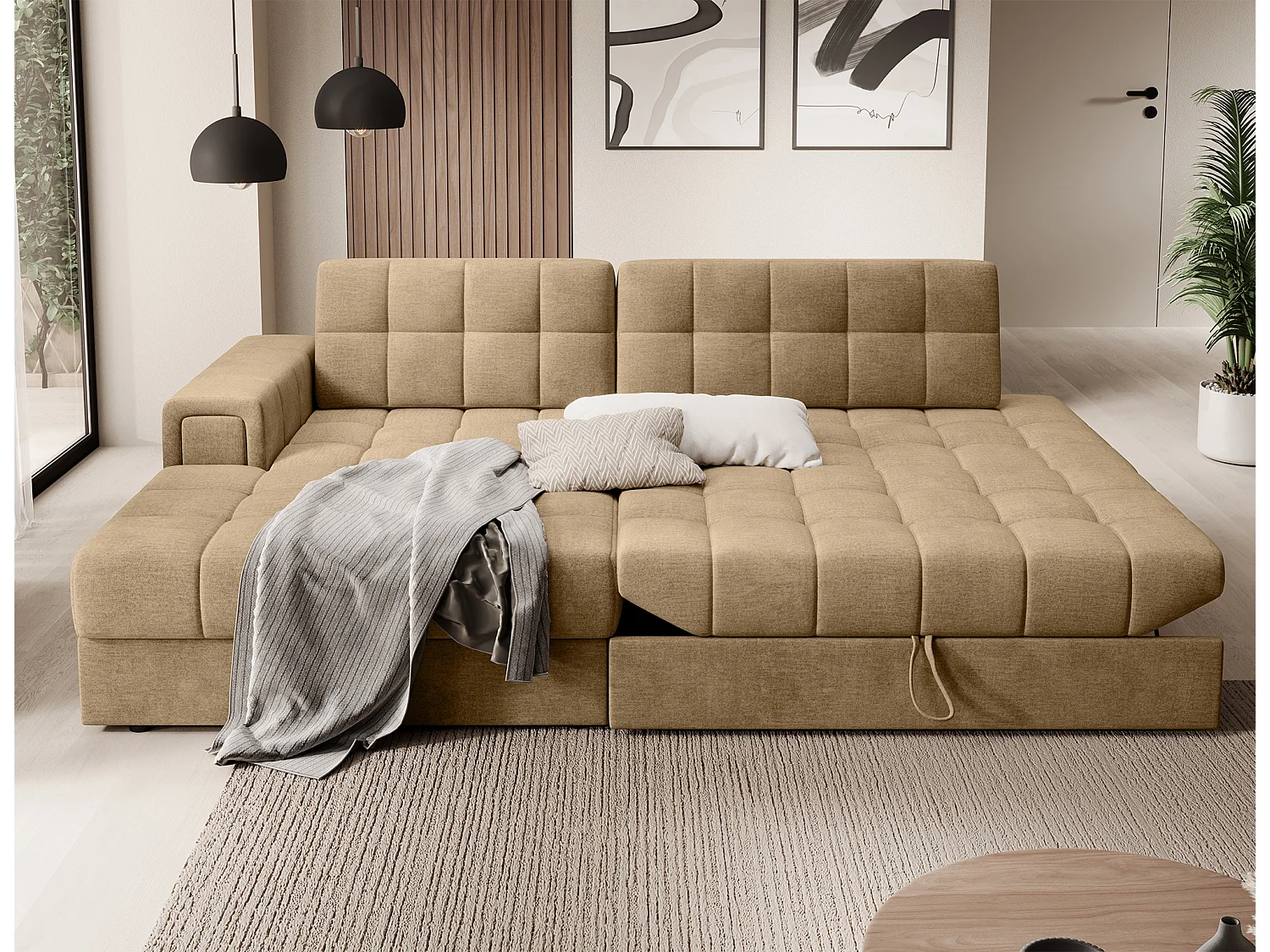 Canapé d'angle KELLY velours - Rangement et convertible-Beige foncé-Méridienne A gauche