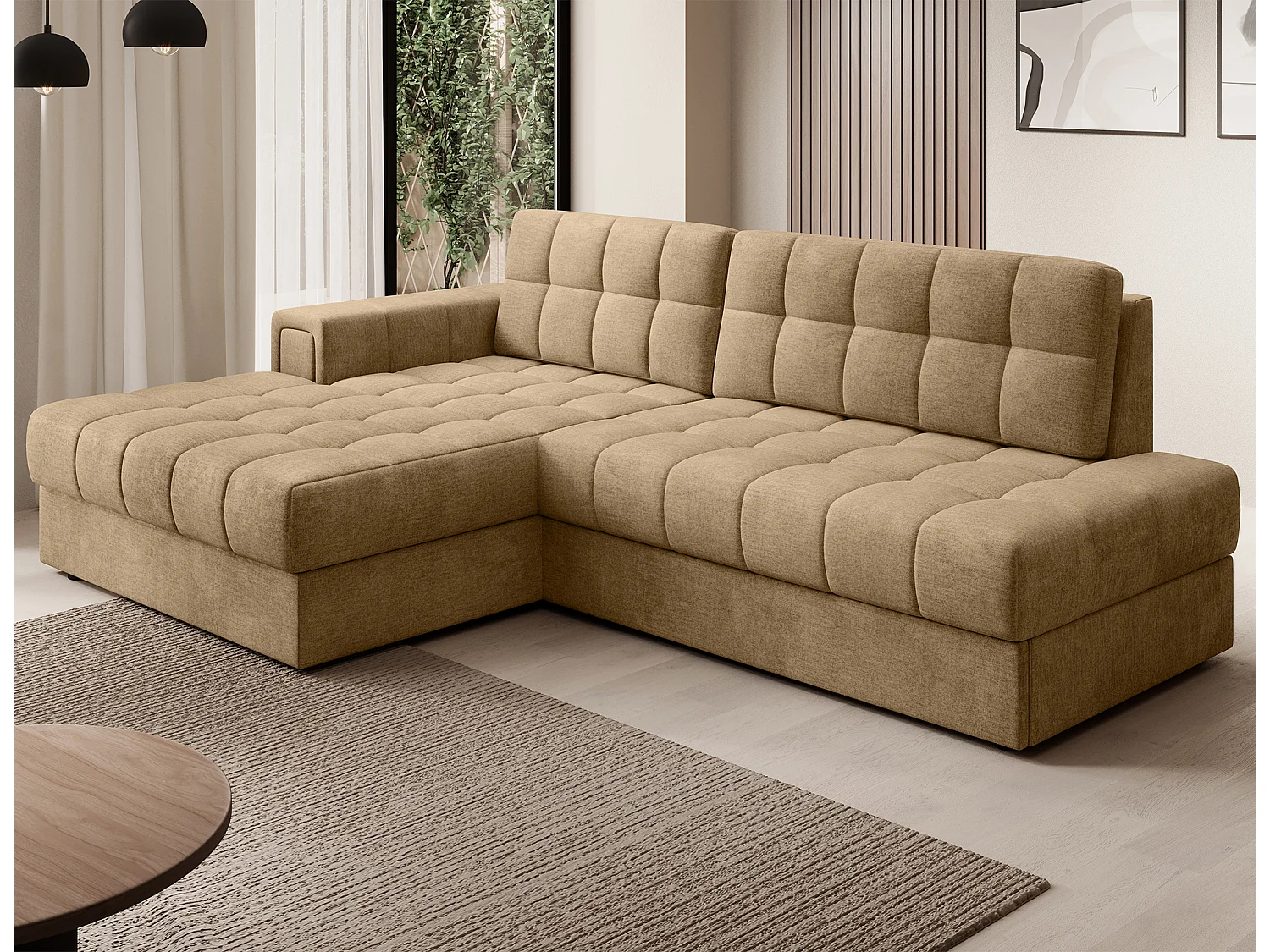 Canapé d'angle KELLY velours - Rangement et convertible-Beige foncé-Méridienne A gauche