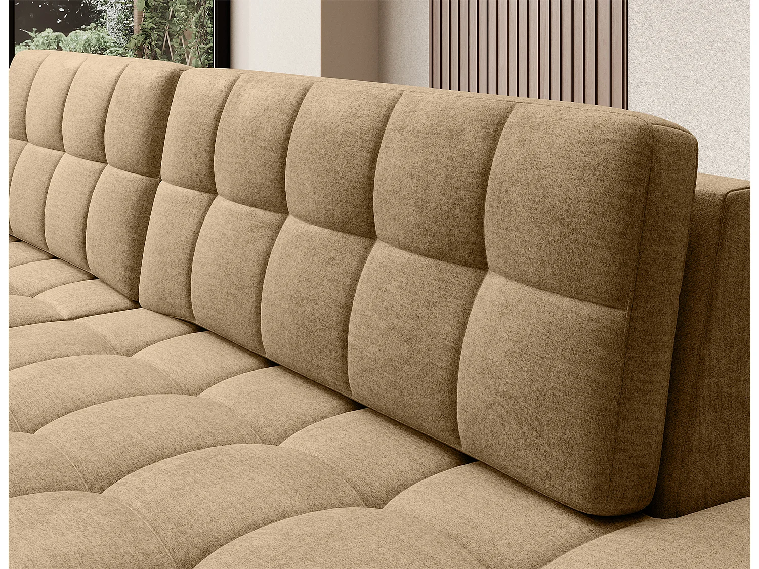 Canapé d'angle KELLY velours - Rangement et convertible-Beige foncé-Méridienne A gauche