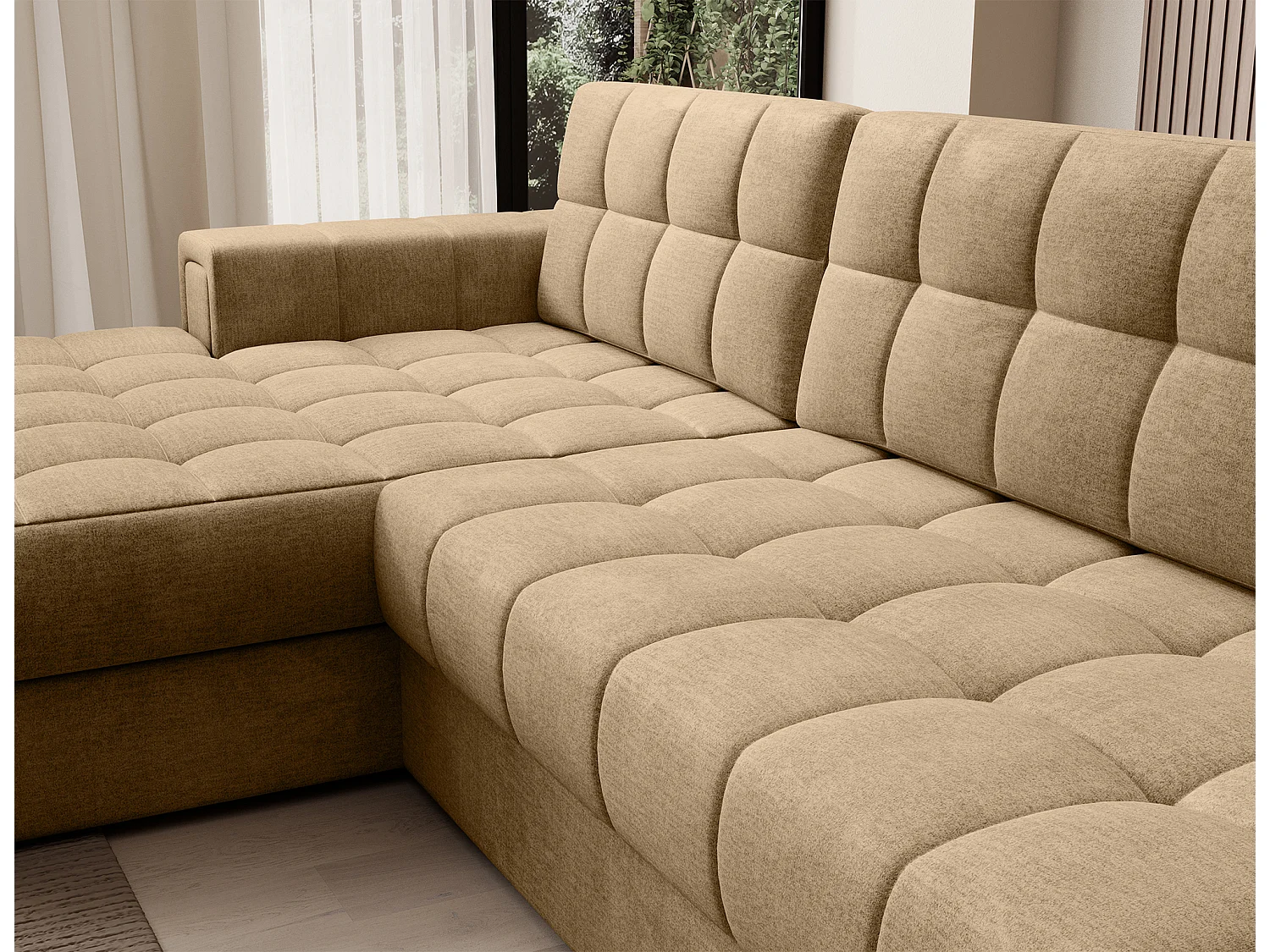 Canapé d'angle KELLY velours - Rangement et convertible-Beige foncé-Méridienne A gauche