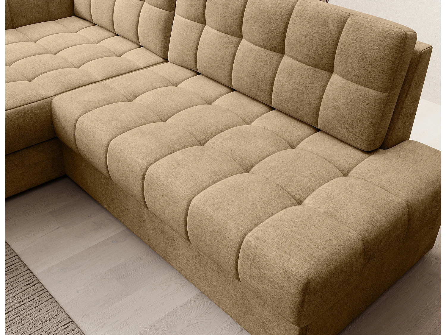 Canapé d'angle KELLY velours - Rangement et convertible-Beige foncé-Méridienne A gauche