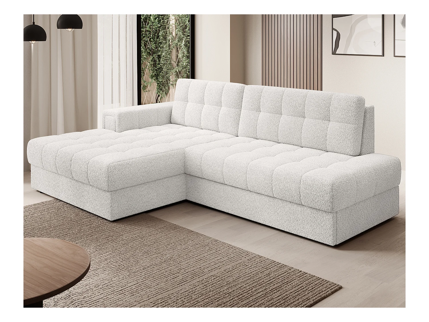 Canapé d'angle Mila L/revêtement tissu/Blanc-Bouclé