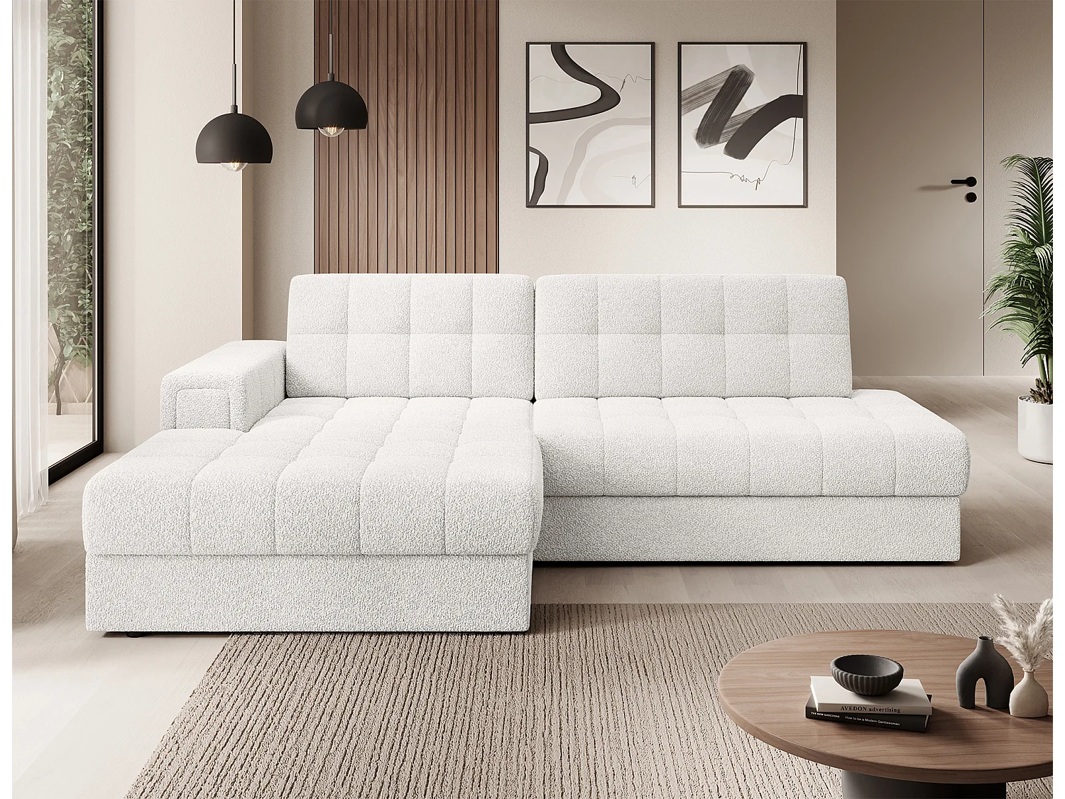 Canapé d'angle Mila L/revêtement tissu/Blanc-Bouclé