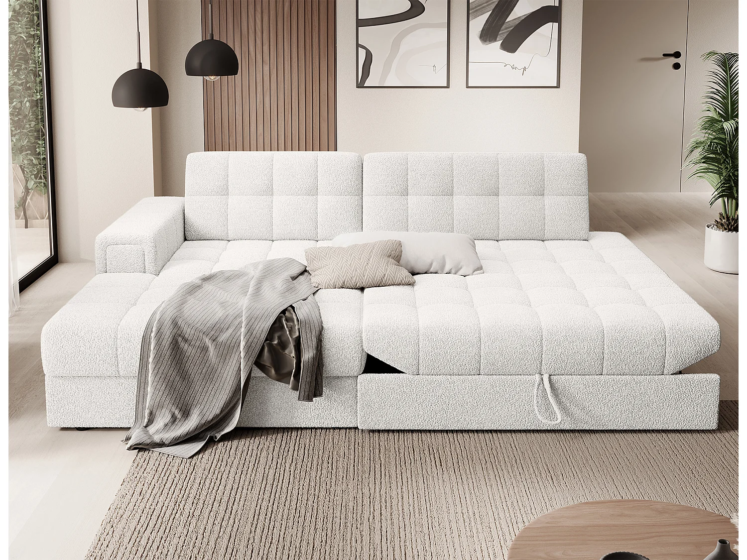 Canapé d'angle Mila L/revêtement tissu/Blanc-Bouclé