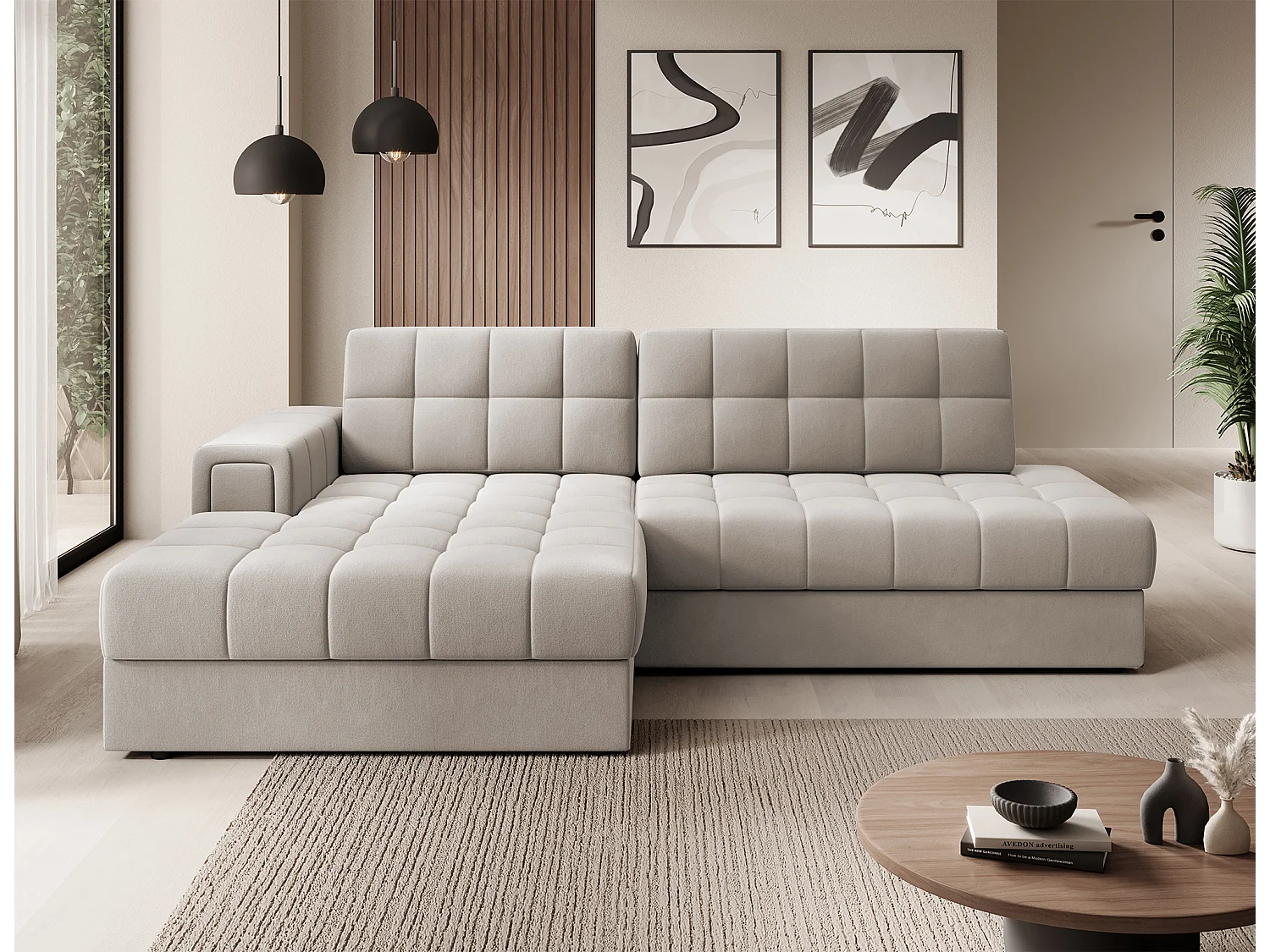 Canapé d'angle KELLY velours - Rangement et convertible-Taupe-Méridienne A gauche