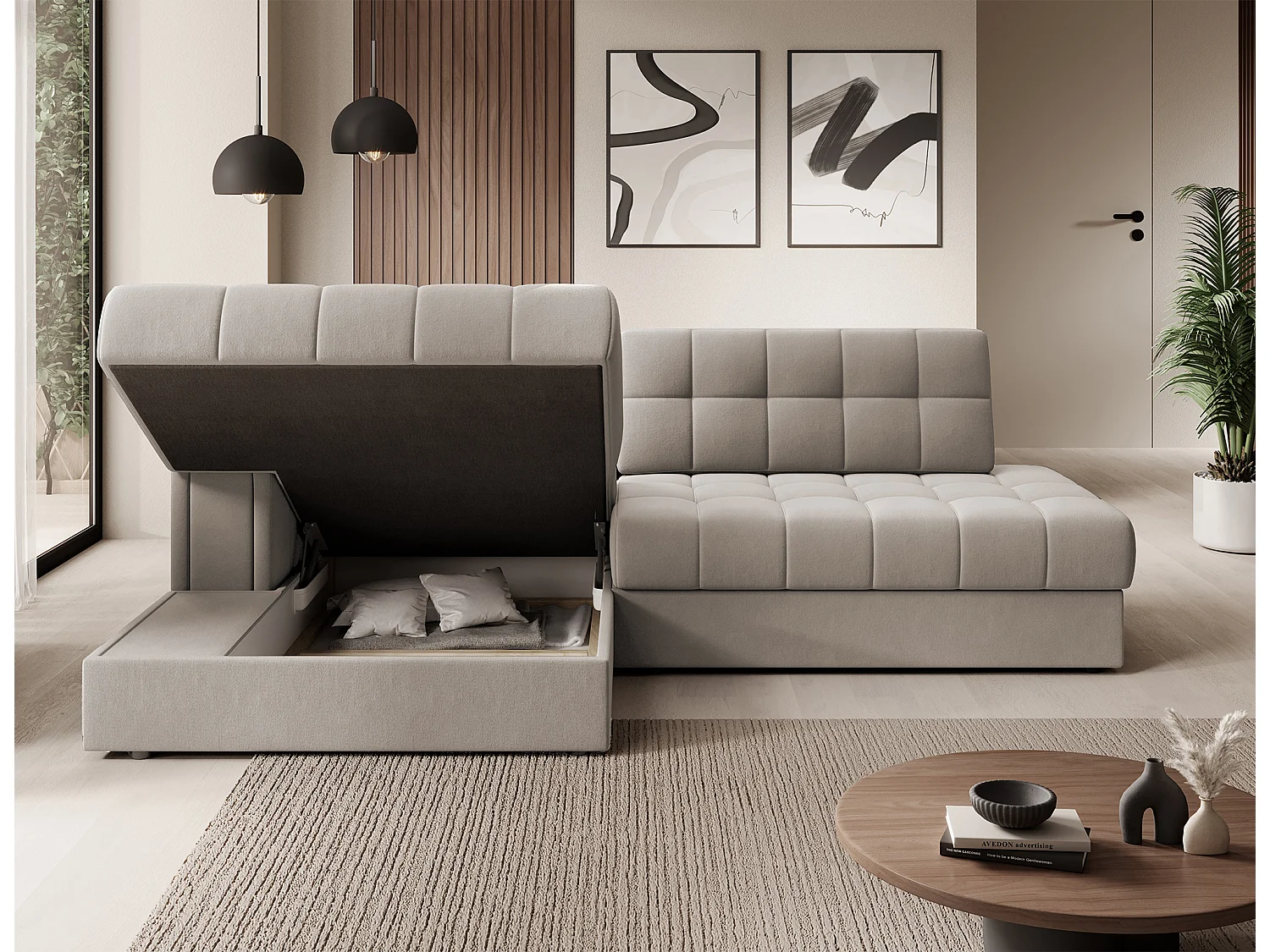 Canapé d'angle KELLY velours - Rangement et convertible-Taupe-Méridienne A gauche