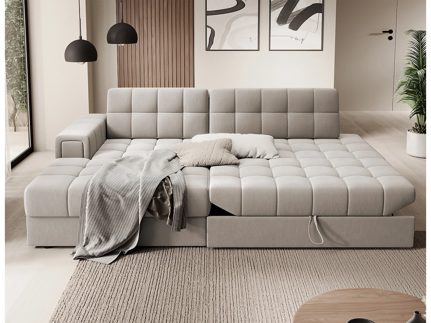 Canapé d'angle KELLY velours - Rangement et convertible-Taupe-Méridienne A gauche