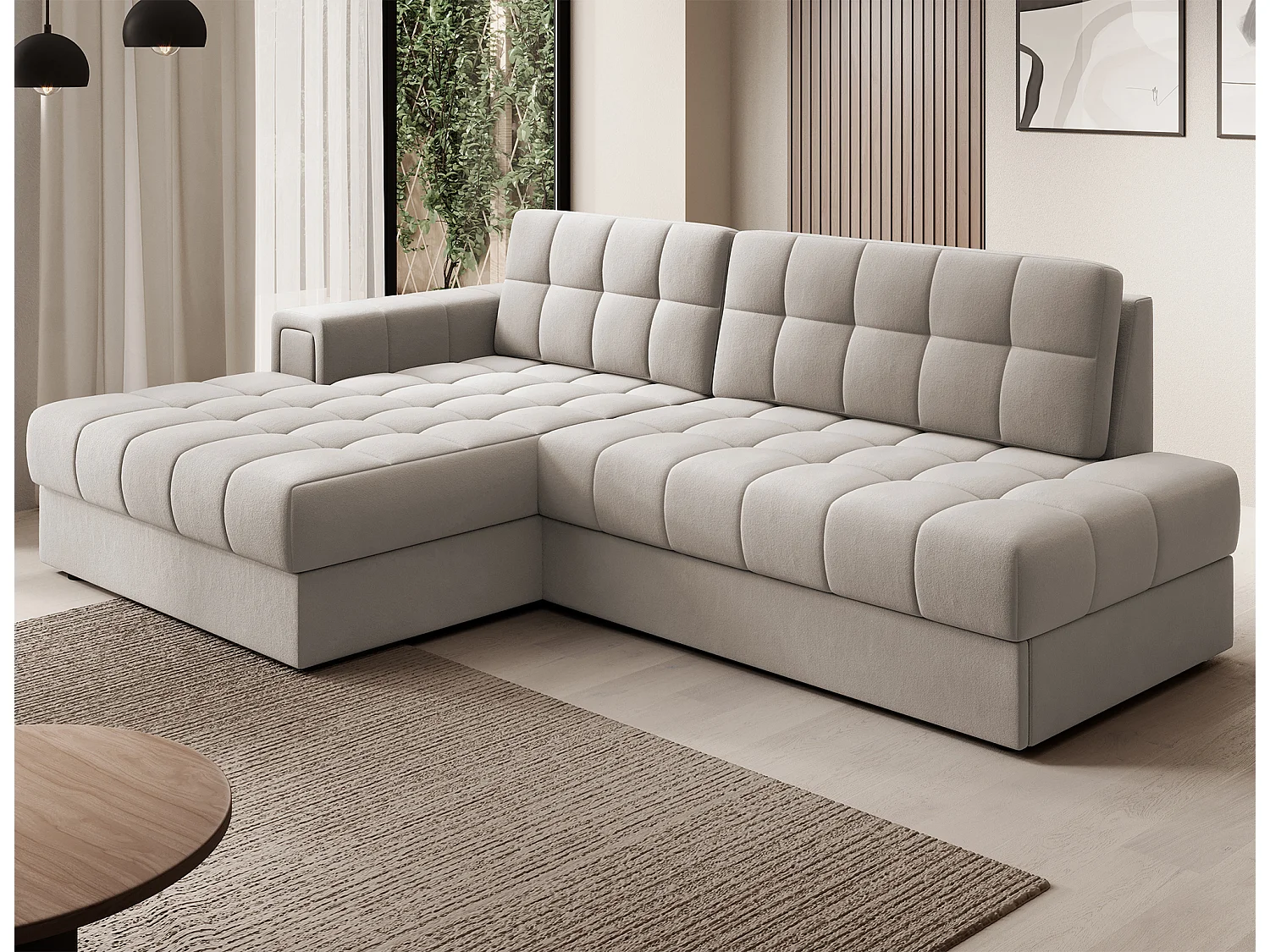 Canapé d'angle KELLY velours - Rangement et convertible-Taupe-Méridienne A gauche