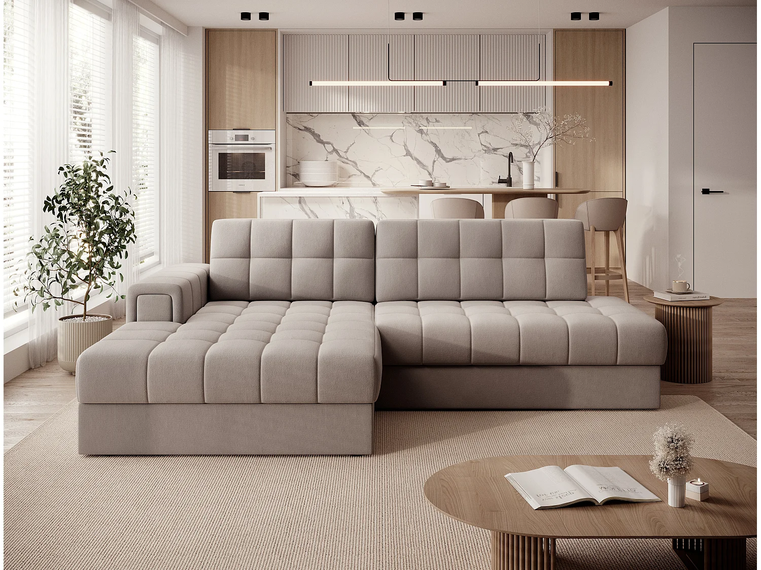 Canapé d'angle KELLY velours - Rangement et convertible-Taupe-Méridienne A gauche