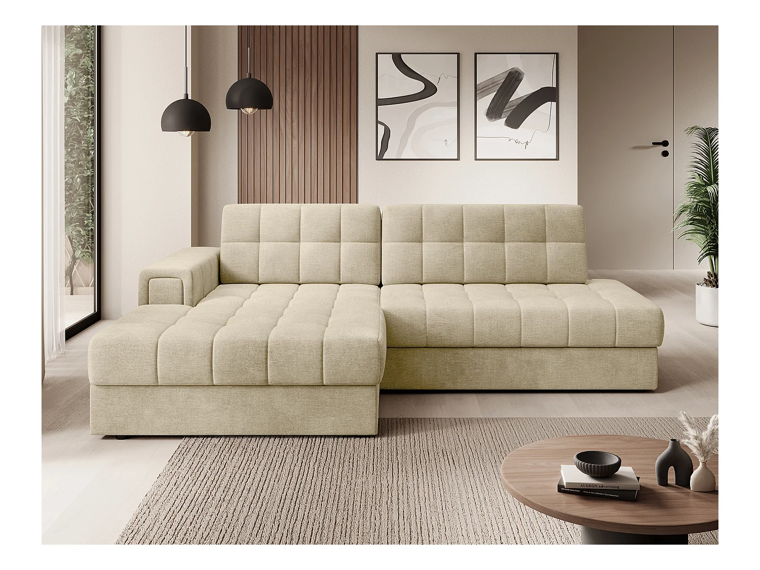Canapé d'angle KELLY velours - Rangement et convertible-Beige clair-Méridienne A gauche
