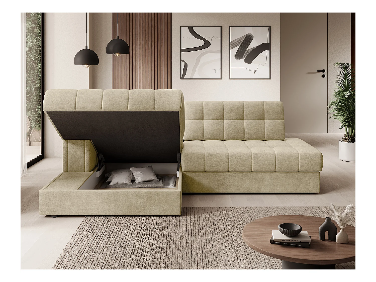 Canapé d'angle KELLY velours - Rangement et convertible-Beige clair-Méridienne A gauche